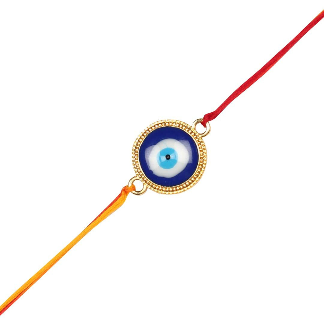 ACCESSHER Delicate Single Thread Elegant and Stylish Evil Eye Rakhi for Beloved Brother & Gifting with Roli Kumkum Packets & Happy Rakshabandhan Card (Pack of 6)
