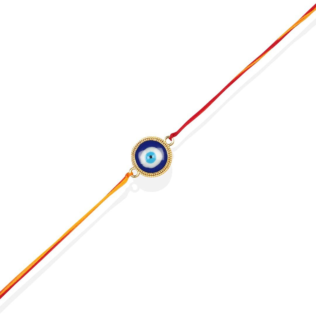 ACCESSHER Delicate Single Thread Elegant and Stylish Evil Eye Rakhi for Beloved Brother & Gifting with Roli Kumkum Packets & Happy Rakshabandhan Card (Pack of 6)
