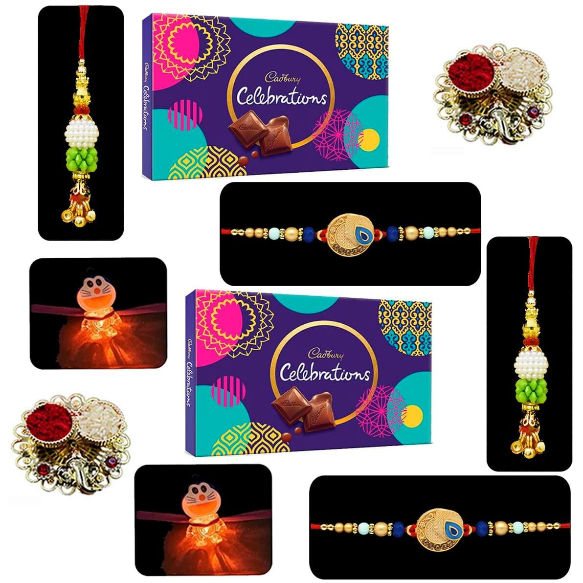Saugat Traders Designer Rakhi Combo For Bhaiya Bhabhi and Kid Set of 2-Chocolate Box-Roli-Tikka Chawal for Brother Bhabhi-Younger Brother-Rakhi with Chocolate Gift Box