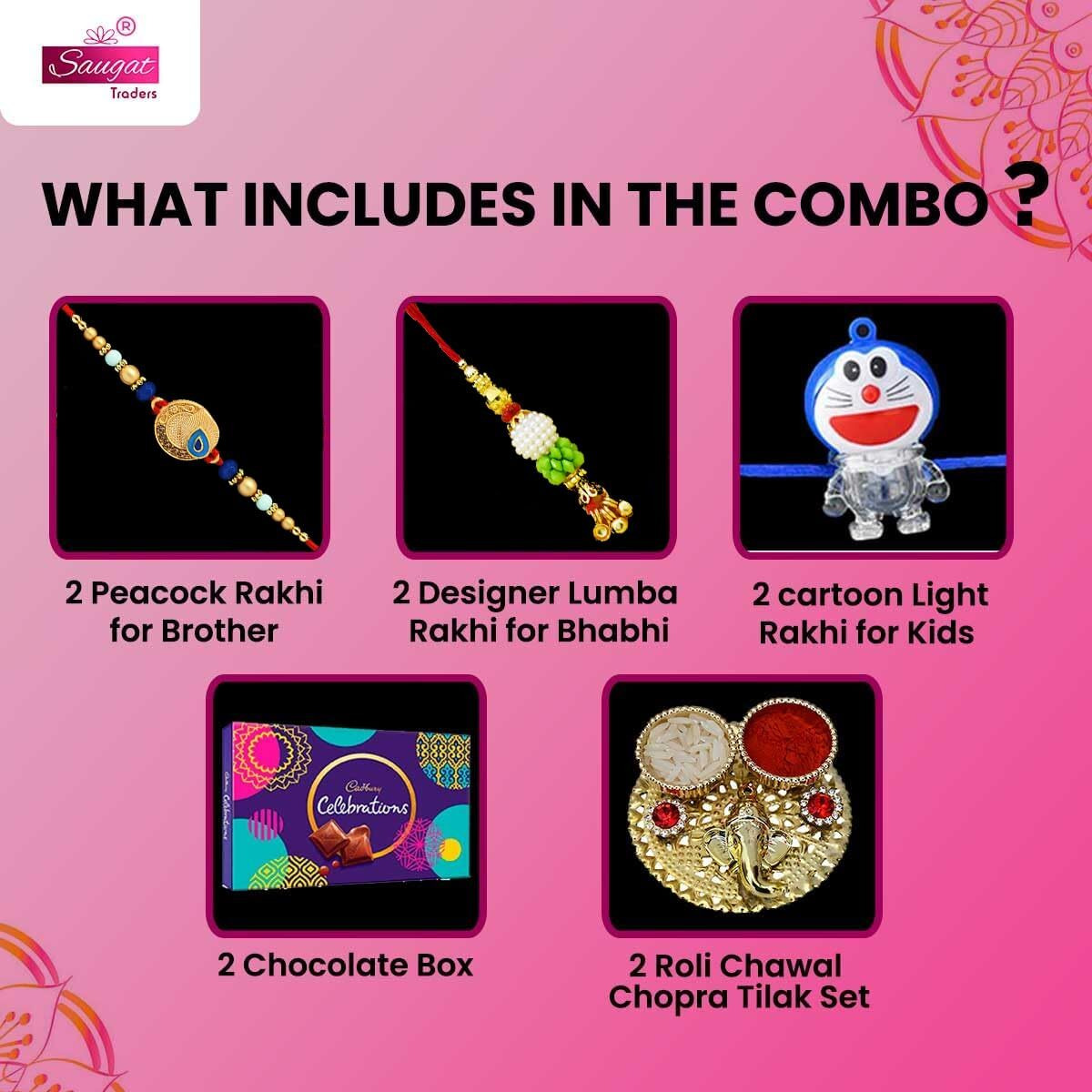 Saugat Traders Designer Rakhi Combo For Bhaiya Bhabhi and Kid Set of 2-Chocolate Box-Roli-Tikka Chawal for Brother Bhabhi-Younger Brother-Rakhi with Chocolate Gift Box