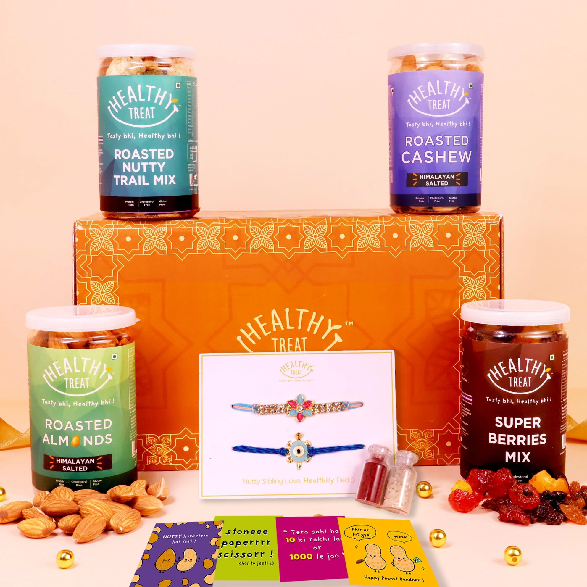 Healthy Treat Delight Rakhi Gift Hamper | Roasted Dry-Fruits Gift Pack | A pair of Rakhi, Roli Chawal, Rakhi Cards | Rakhi gifts for Brother and Sister | The Ultimate Assorted Rakhi Gift Hamper | Raksha Bandhan Gift Hamper