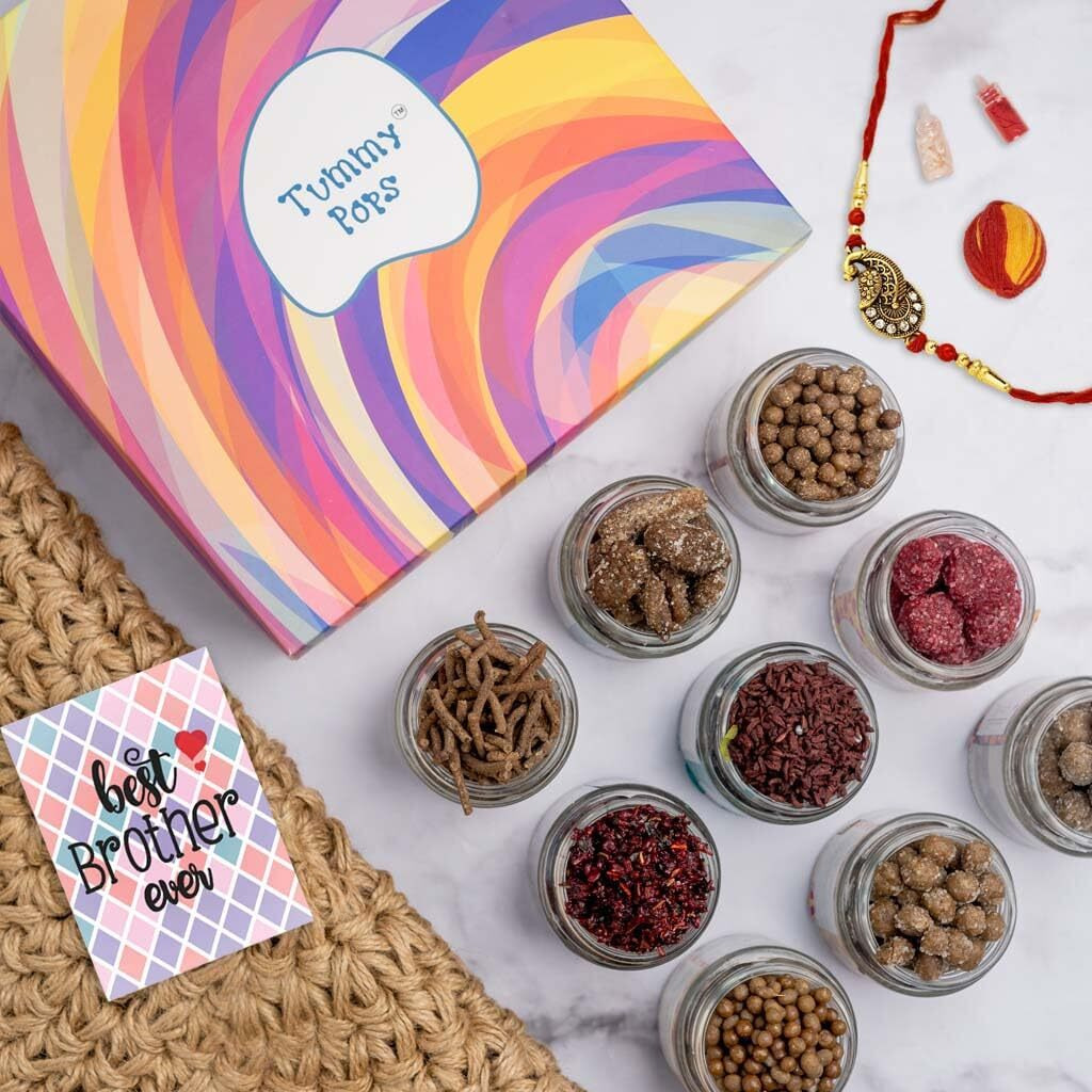 Tummy Pops Rakhi Gift Hamper | Mukhwas Combo Gift Set | Gift Packs - Paan Gulkand, Khajoor, Anardana, Gulkand Goli, Jeera, Nimbu, Khatta Meetha, Pipli, Saunf (75 g Each)