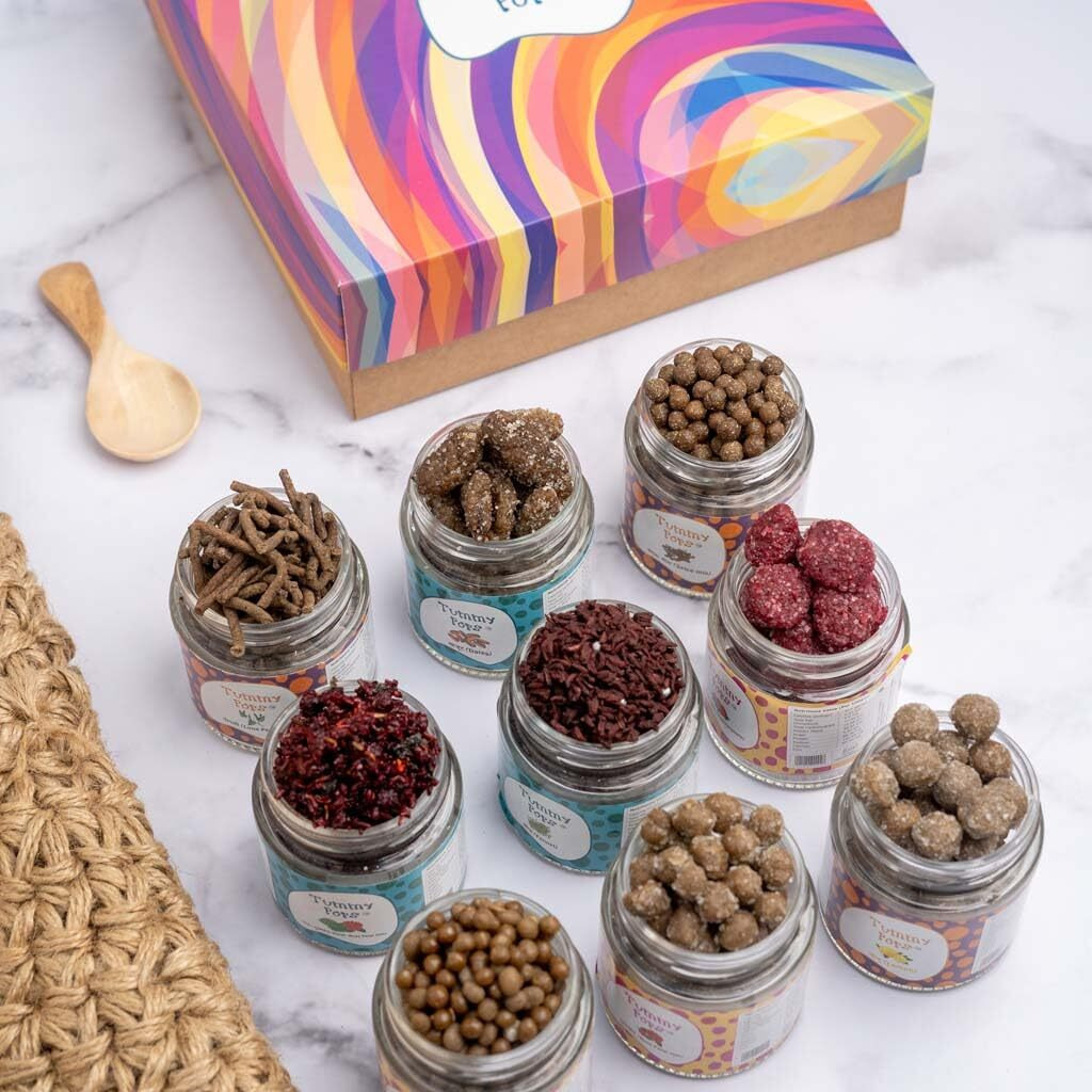 Tummy Pops Rakhi Gift Hamper | Mukhwas Combo Gift Set | Gift Packs - Paan Gulkand, Khajoor, Anardana, Gulkand Goli, Jeera, Nimbu, Khatta Meetha, Pipli, Saunf (75 g Each)