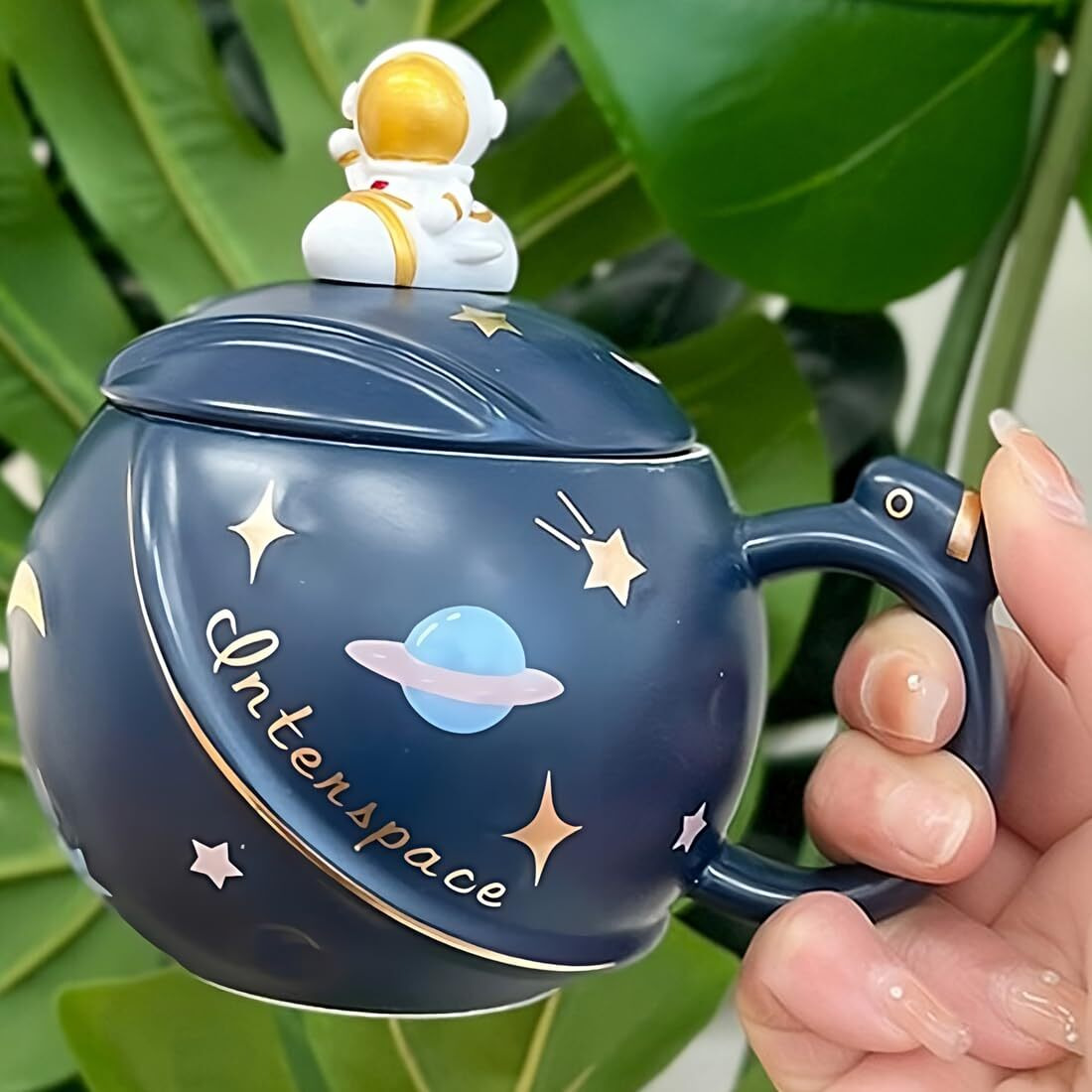 BonZeal Ceramic Space Mug Blue Astronaut Mug Mug for Coffee, Coffee Mug with Lid, Rakhi for Brother Gift for Friends, Birthday Gift, Planet Coffee Mug, Planet Mug Tea Cup 400 ml