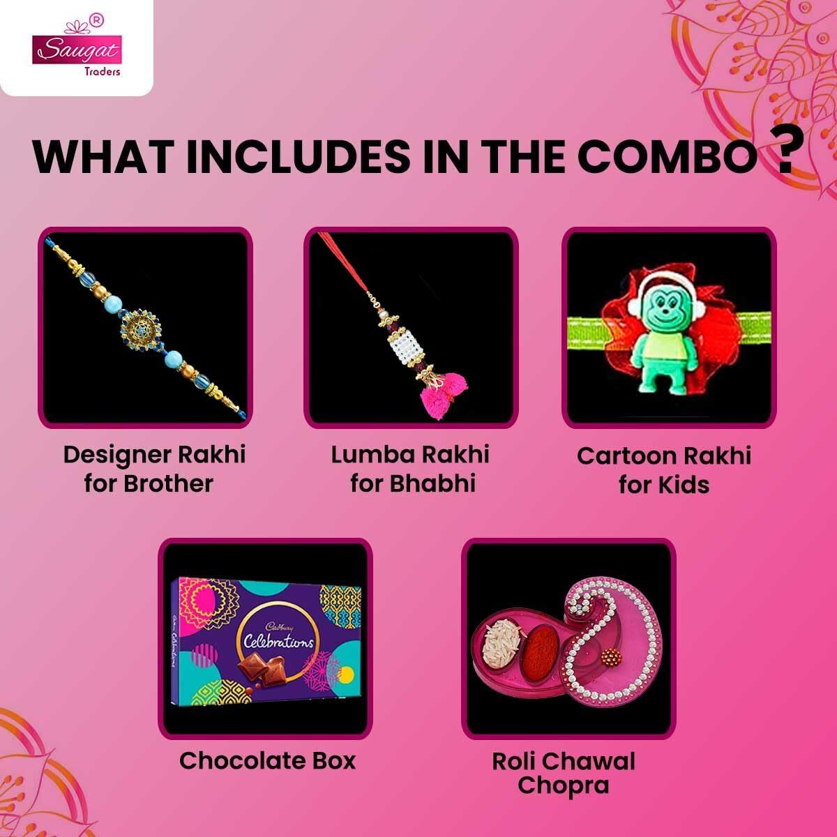 Saugat Traders Rakhi for Bhaiya - 1 Designer Lumba Rakhi for Bhabhi - 2 Cartoon Character Rakhi for Kids - Handmade Rakhi for Bhaiya with Roli Chawal Chopra