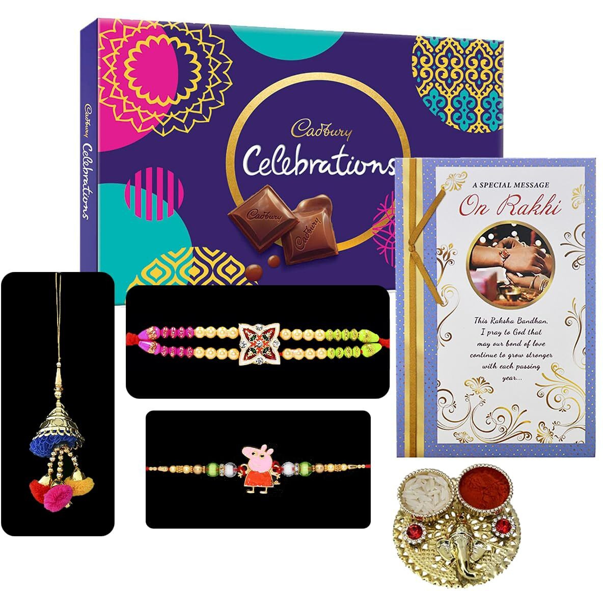 Saugat Traders Designer Rakhi for Bhaiya, Bhabhi and Kids - Chocolate, Raksha Bhandan Greeting Card - Lumba Rakhi for Bhabhi - Cartoon Character Rakhi for Kids - Roli Chawal Chopra Pack