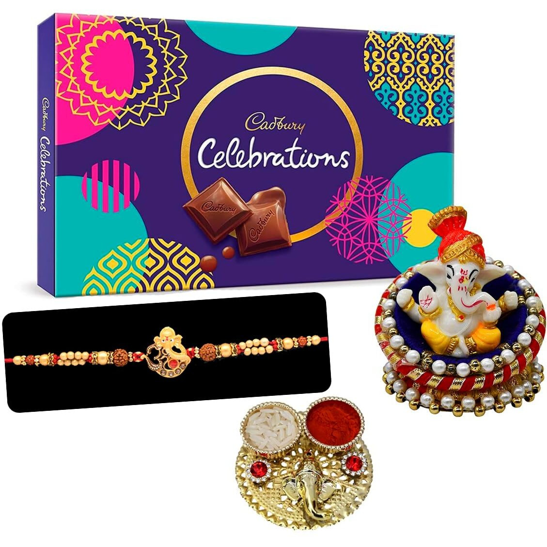 Saugat Traders Rakhi Gift Combo for Brother - Ganesha Rakhi for Bhaiya - Chocolate Box With Blessing of Lord Ganesha Idol and Roli Chawal Chopra