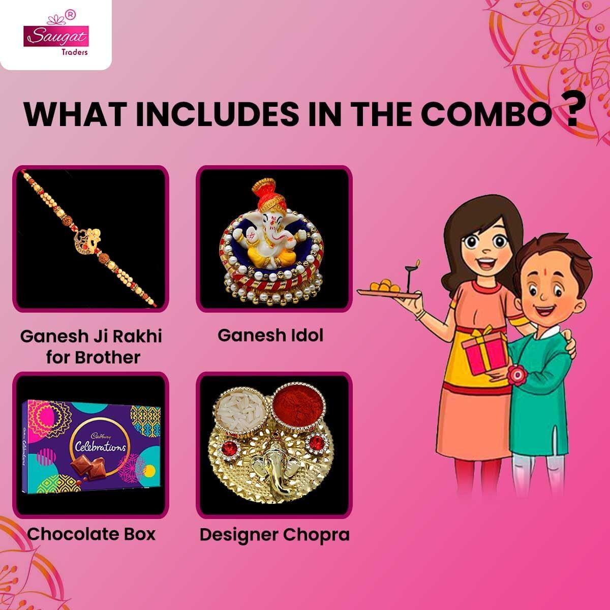 Saugat Traders Rakhi Gift Combo for Brother - Ganesha Rakhi for Bhaiya - Chocolate Box With Blessing of Lord Ganesha Idol and Roli Chawal Chopra