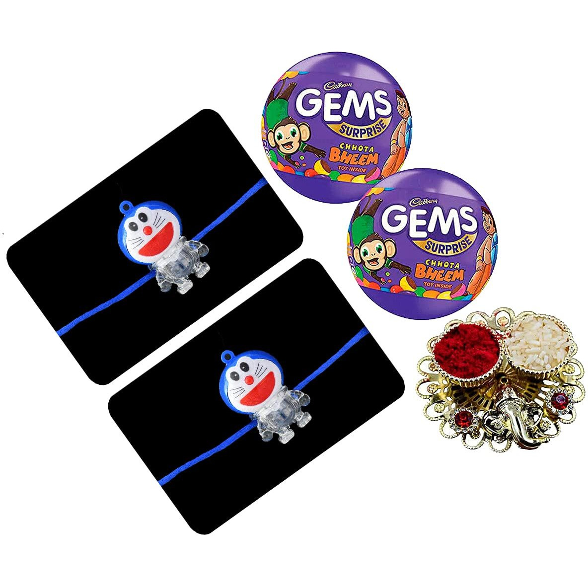 Saugat Traders Rakhi For Kids With Gems Surprise Ball(2 PCS) and Chopra Roli Chawal Pack,Girl-Boy-Cartoon-Combo(Pack of 2)