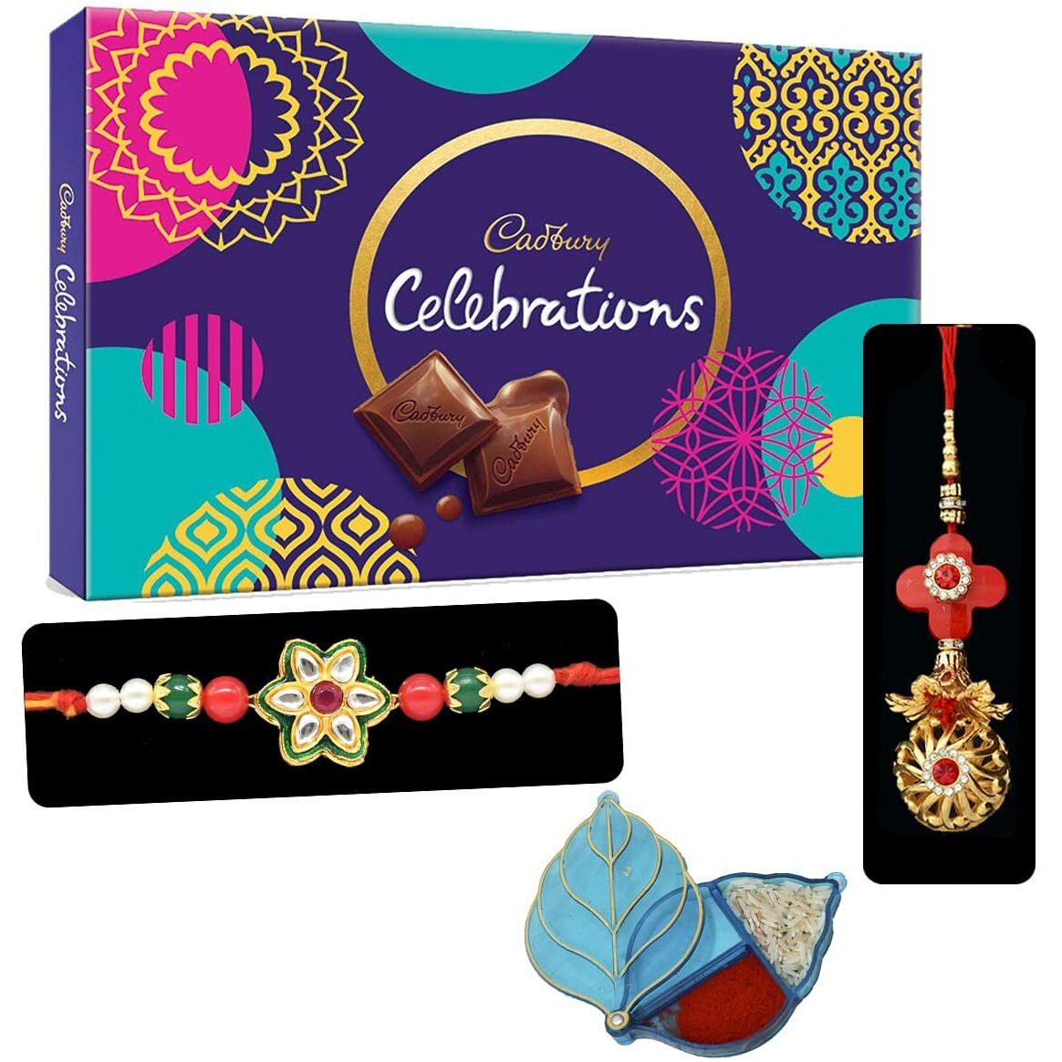 Saugat Traders Rakhi Gift Set for Brother and Bhabhi with Celebration Chocolate With Roli Chawal - Designer Lumba Rakhi for Bhabhi - Exclusive Rakhi for Beloved Brother