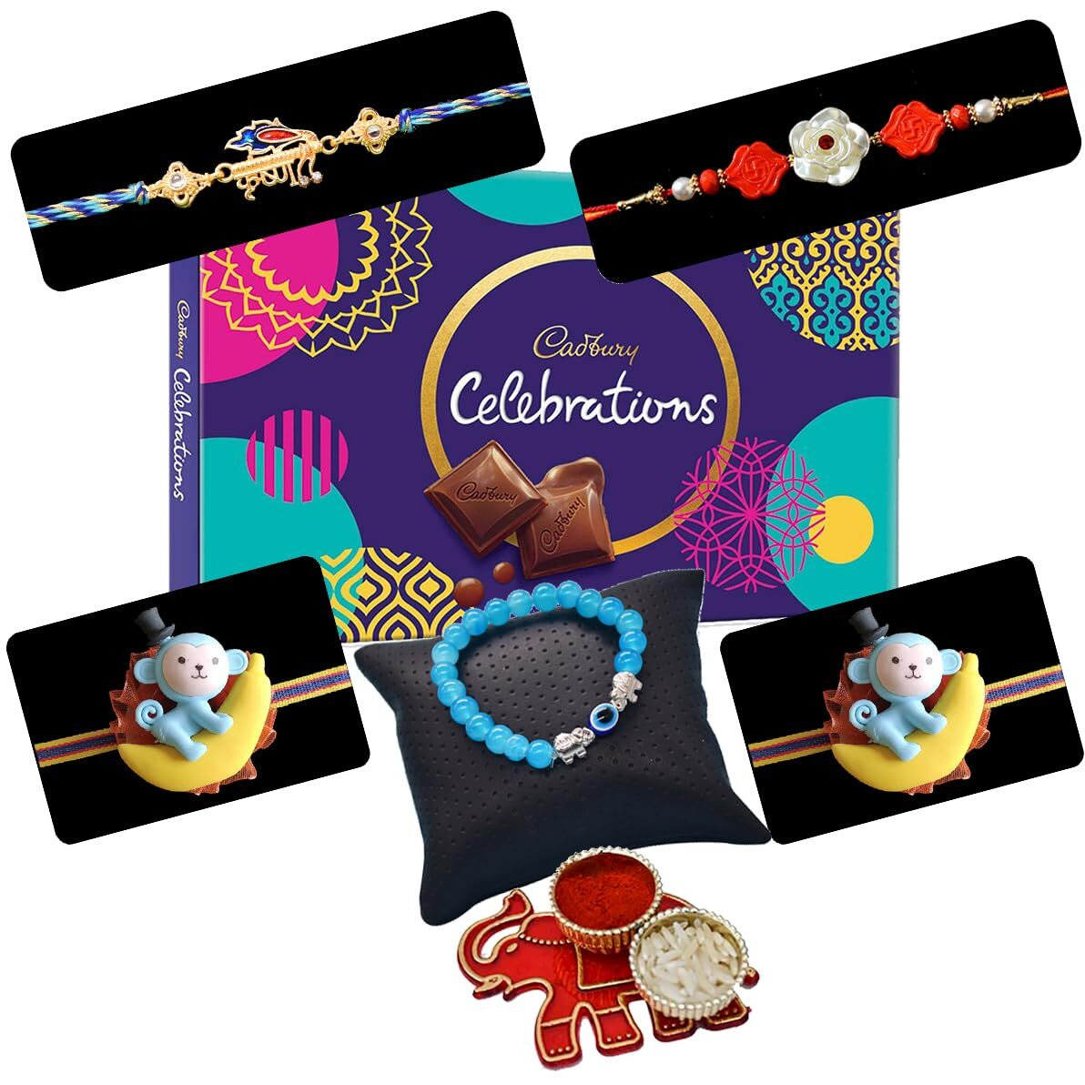 Saugat Traders Rakhi Combo for Bhaiya Bhabhi and Kids - Designer Bracelet with Celebration Chocolate with Roli Chawal and Chopra - Handmade Rakhi - Exclusive Rakhi for Bhai