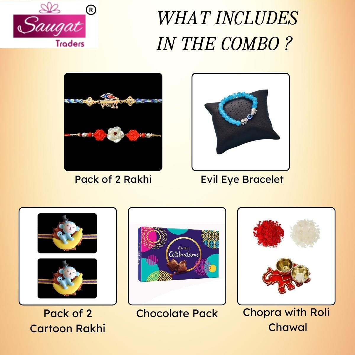 Saugat Traders Rakhi Combo for Bhaiya Bhabhi and Kids - Designer Bracelet with Celebration Chocolate with Roli Chawal and Chopra - Handmade Rakhi - Exclusive Rakhi for Bhai