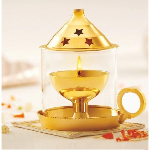 True Decor 6 Inches Brass Akhand Diya Medium Size Akhand Jyot Diya with Borosilicate Glass Cover Brass Diya for Puja with Handle