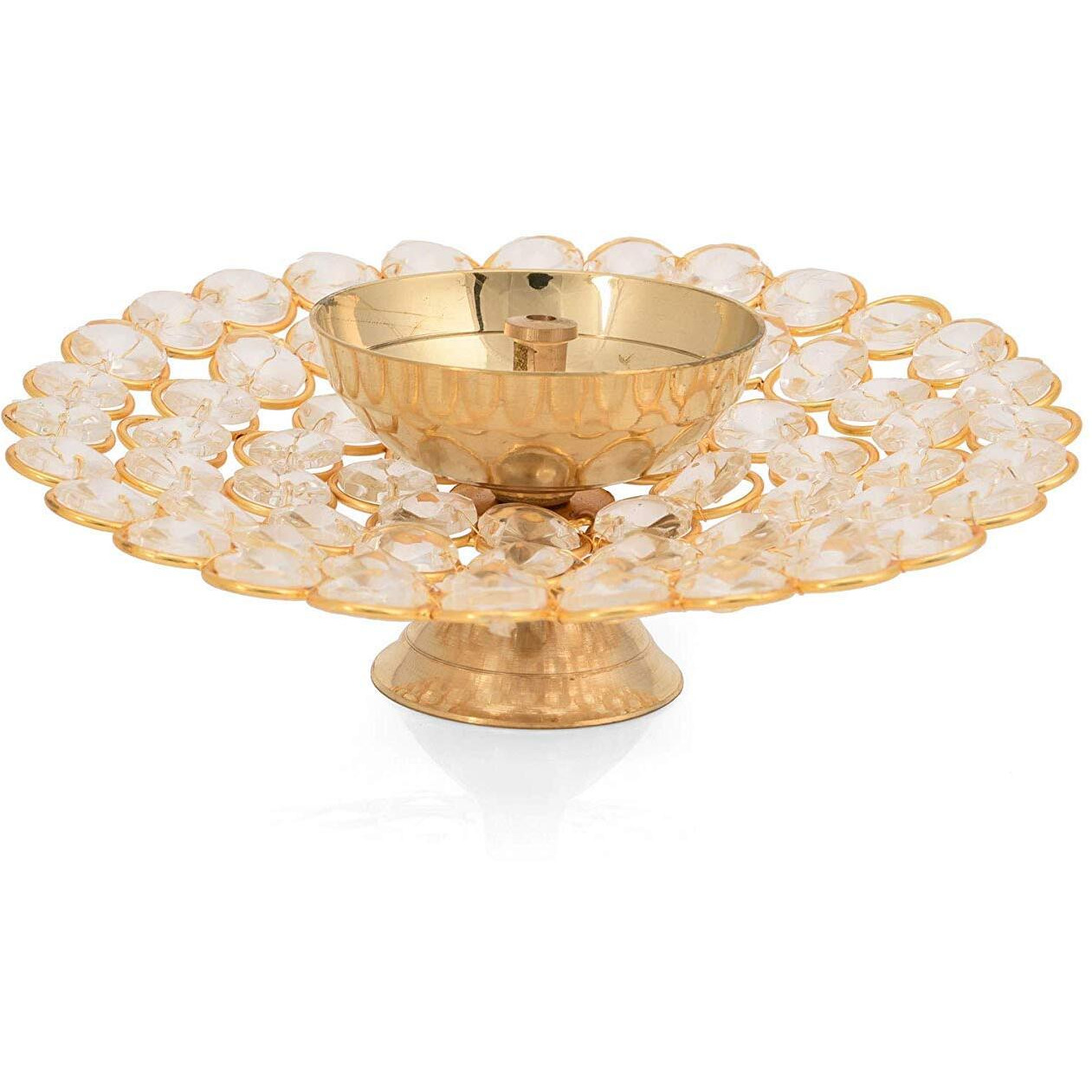 Brass Akhand Diya Oil Lamp for Puja - Large Round Crystal Deepak for Home Office Pooja Articles Decor ( Large 6.25 X 2.25 Inch)