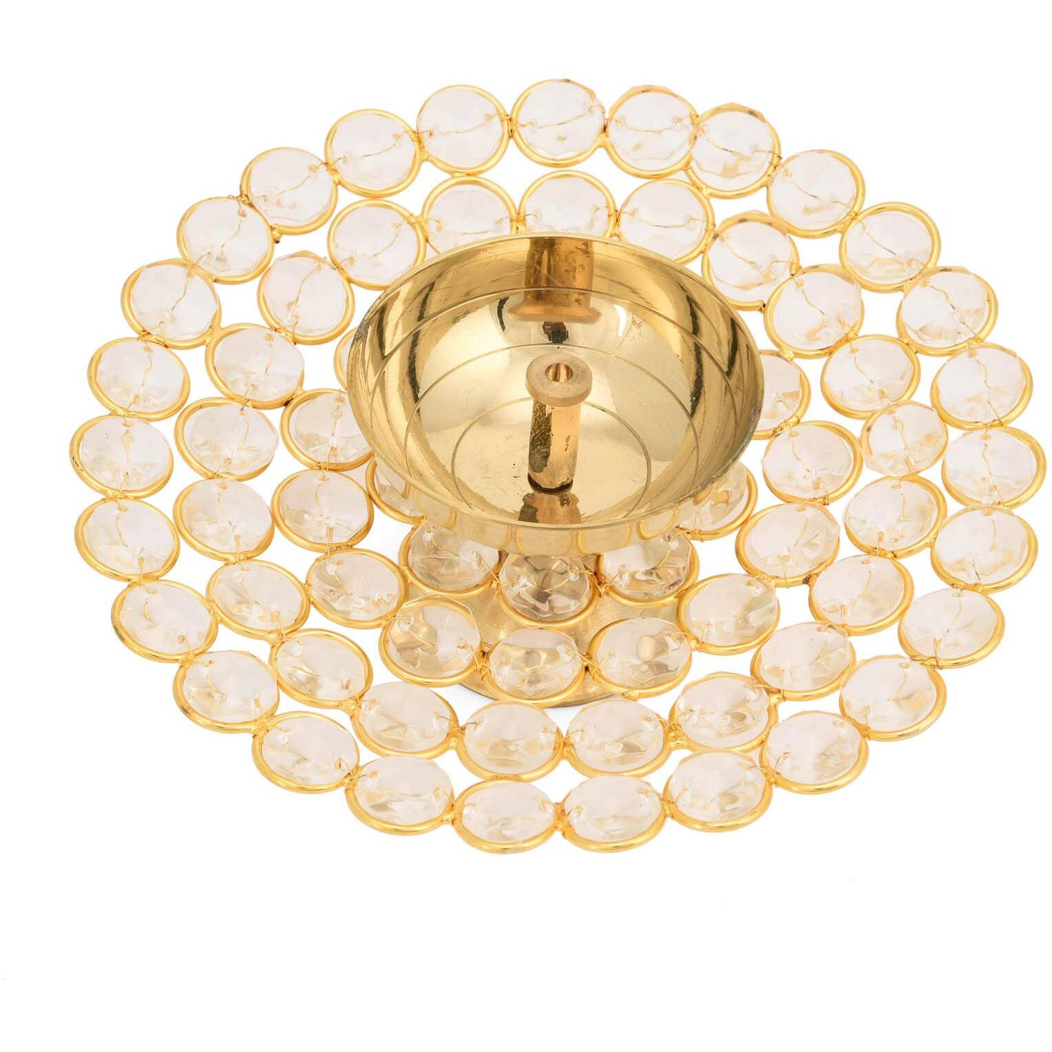 Brass Akhand Diya Oil Lamp for Puja - Large Round Crystal Deepak for Home Office Pooja Articles Decor ( Large 6.25 X 2.25 Inch)