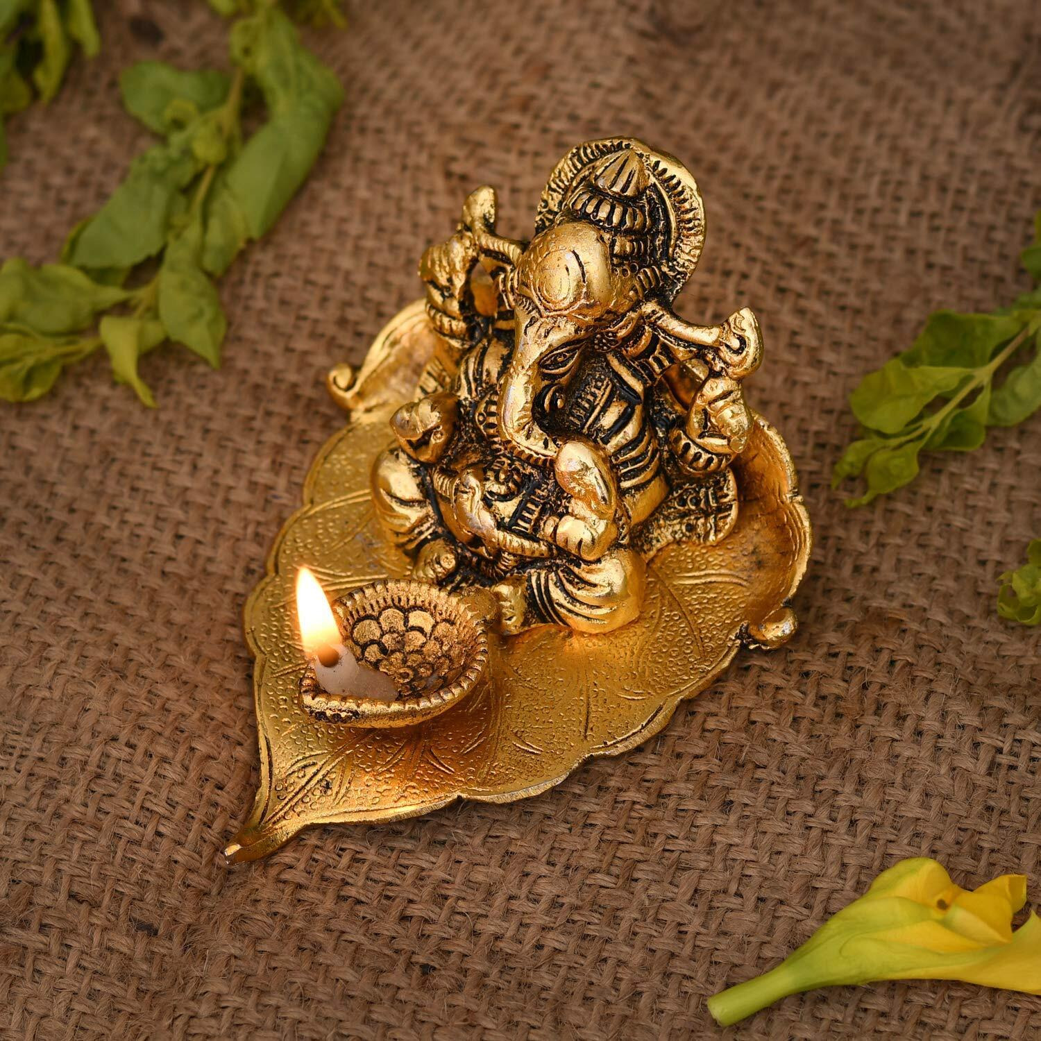 Collectible India Ganesh Diya Gift Metal Ganesha on Leaf Idol for Pooja | Gift Items for Home Decorative with Gift Box (10 Box)