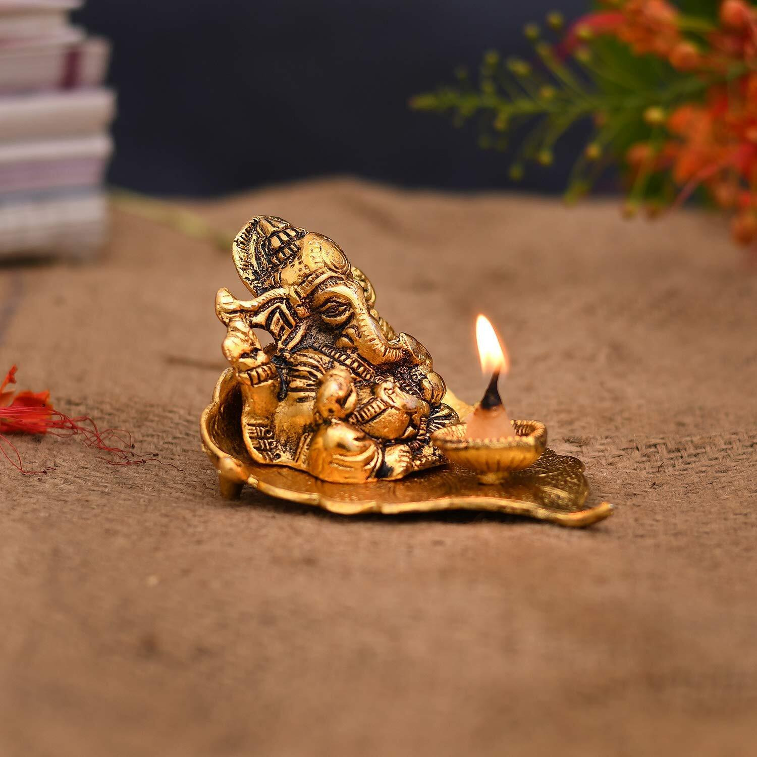 Collectible India Ganesh Diya Gift Metal Ganesha on Leaf Idol for Pooja | Gift Items for Home Decorative with Gift Box (10 Box)