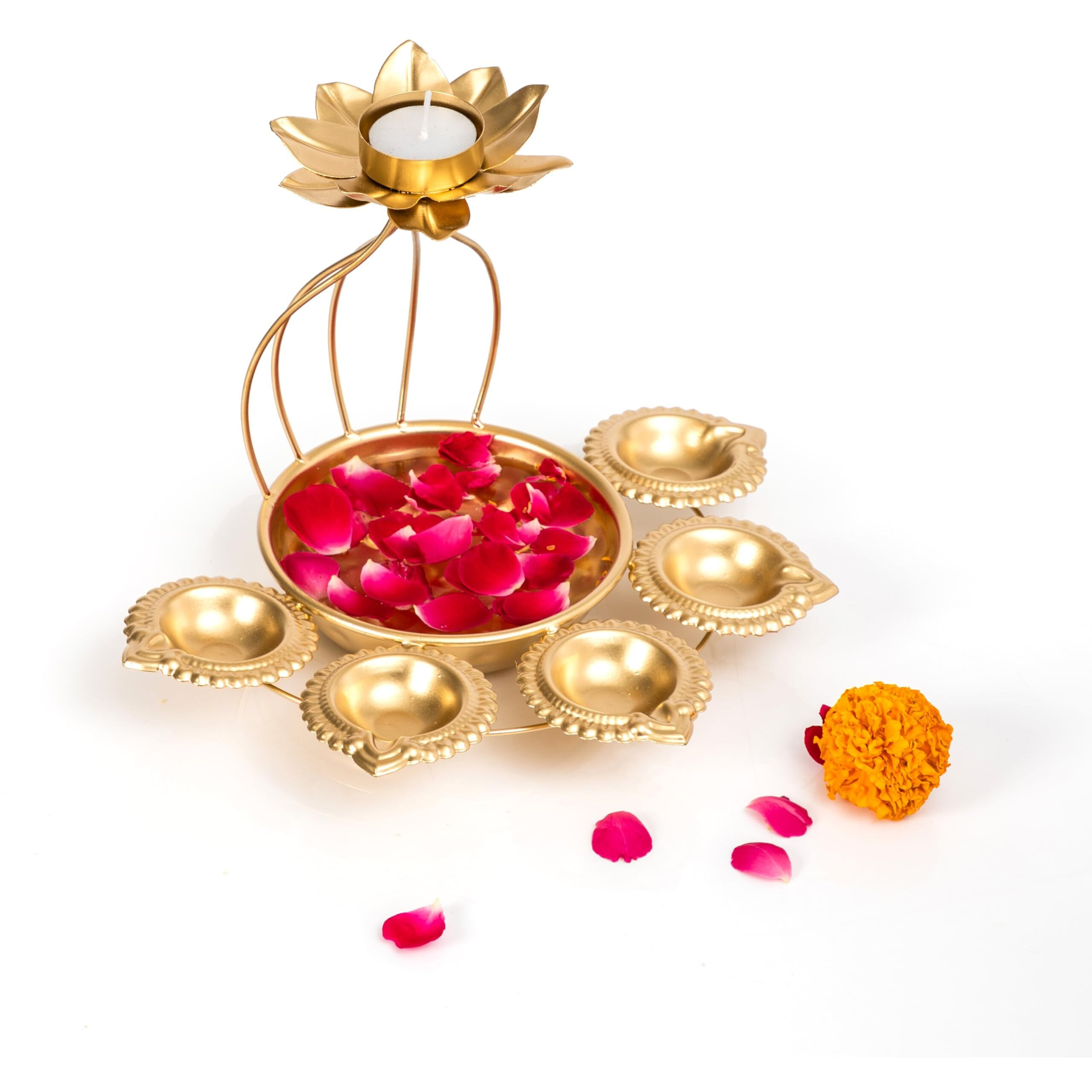 CraftVatika Metal Lotus Tealight Candle Holder for Diwali Decoration Items with Base of Urli Bowl and Diya - Gold (Height 26 CM), Diwali Gift Items