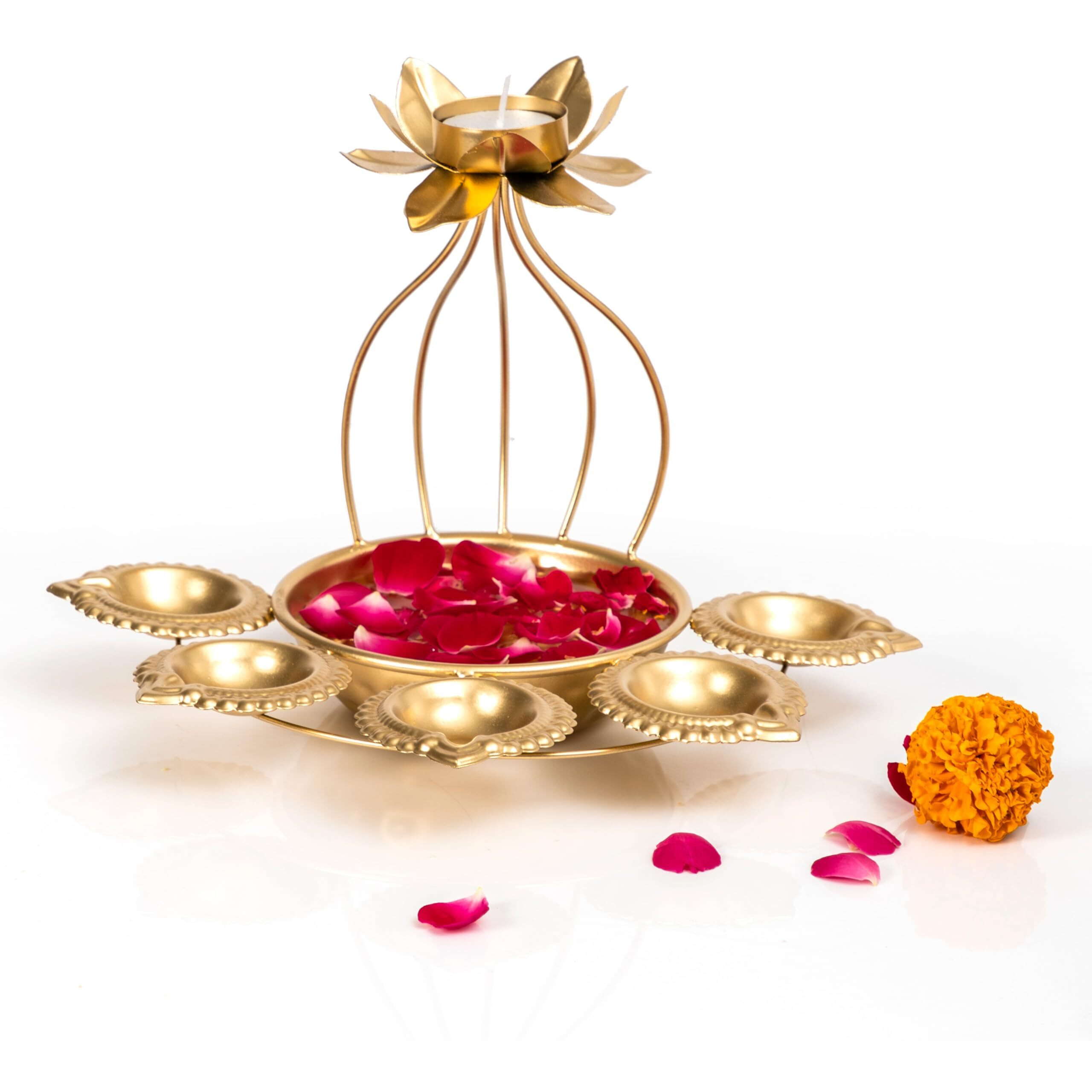 CraftVatika Metal Lotus Tealight Candle Holder for Diwali Decoration Items with Base of Urli Bowl and Diya - Gold (Height 26 CM), Diwali Gift Items