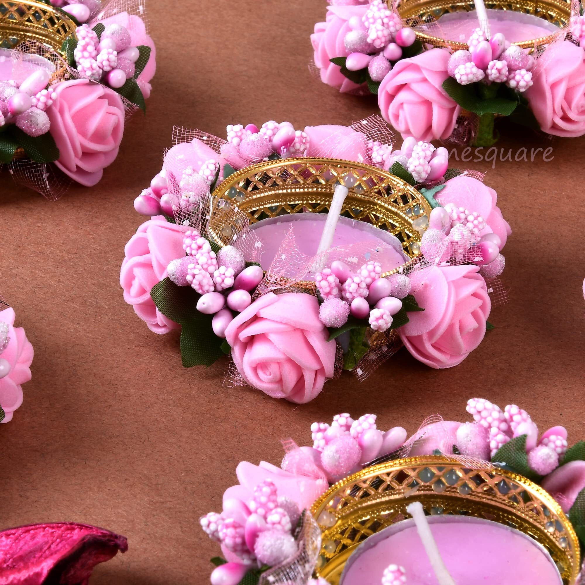HomeSquare Tealight Holder Diwali Diya with Artificial Flowers - Set of 6 (Pink)