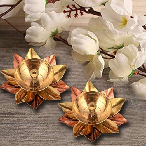 True Decor 5 Inch Copper Kamal Diya for Puja Lotus Brass Diya Deepak for Diwali Pack of 2