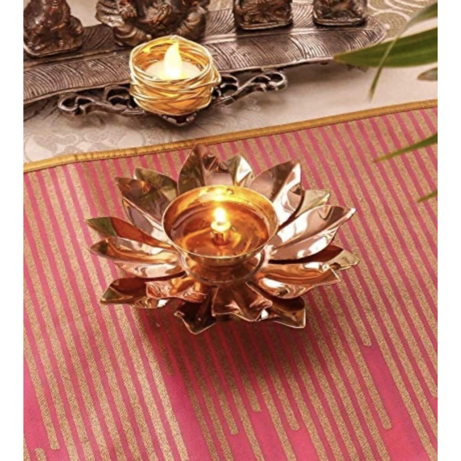 True Decor 5 Inch Copper Kamal Diya for Puja Lotus Brass Diya Deepak for Diwali Pack of 2