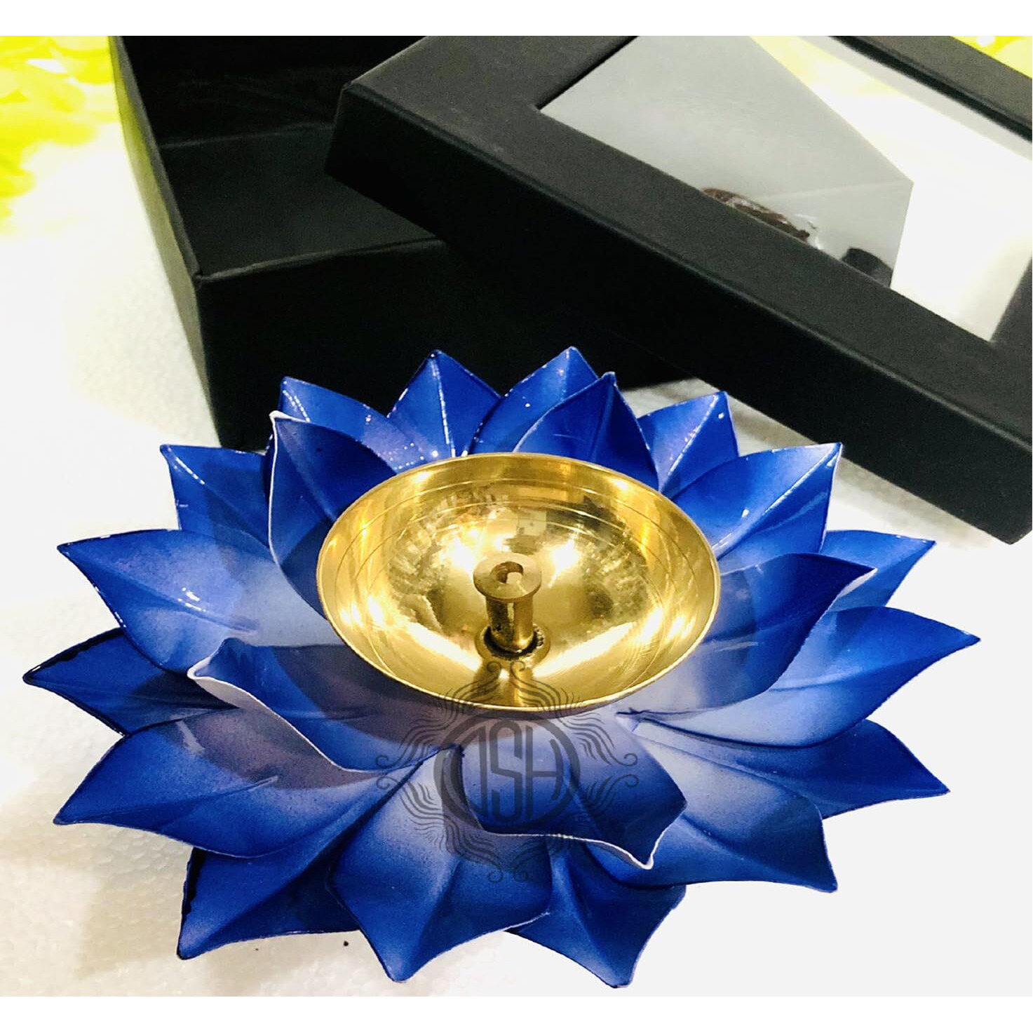 DSH Brass Lotus/Kamal Design Diya Deepak | Akhand Jyot | Arti Poojan Temple Home Decor (Blue)