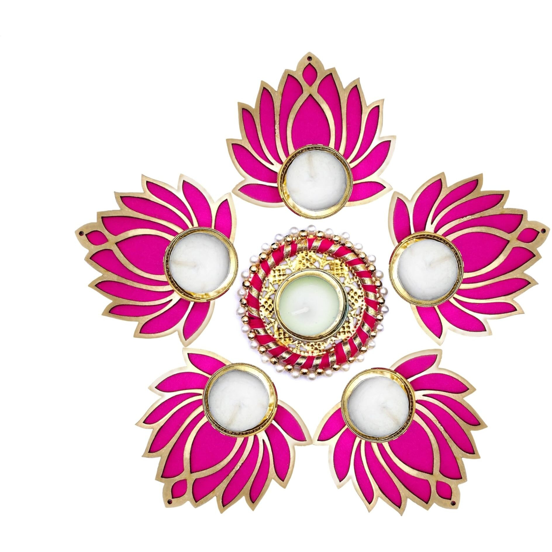 ProKart Premium Pink Lotus Wooden Chudi Diya Rangoli with Moti Beads Centre Diya | Decoration for Diwali, Dashera, Rangoli, Pooja, Decorations, Festival, Wedding Decorations (Pink, Pack of 6)