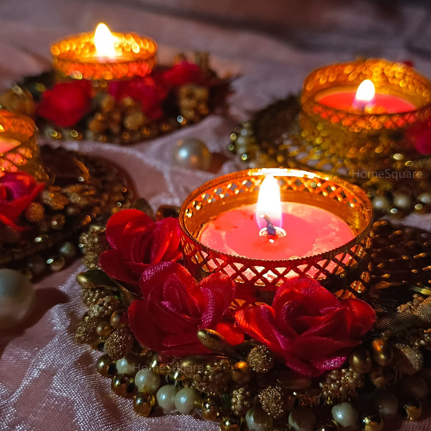 HomeSquare Tealight Holder Decorative Diwali Diya with Artificial Flowers & Tealights (Pack of 2)