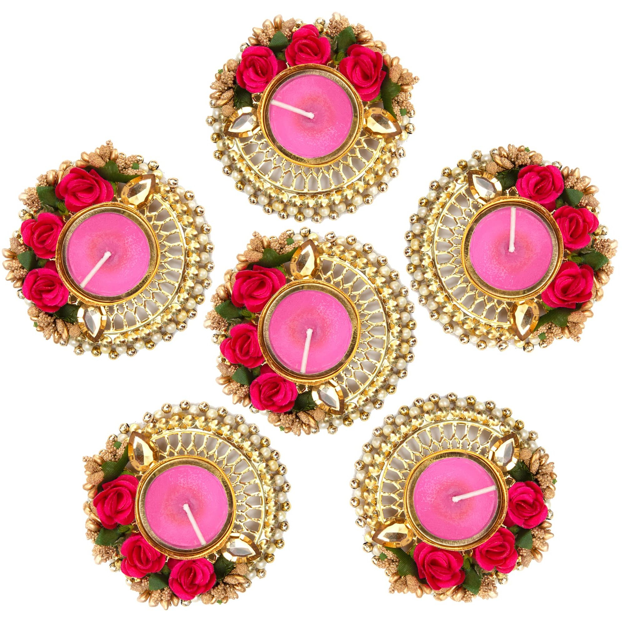 HomeSquare Tealight Holder Decorative Diwali Diya with Artificial Flowers & Tealights (Pack of 6)