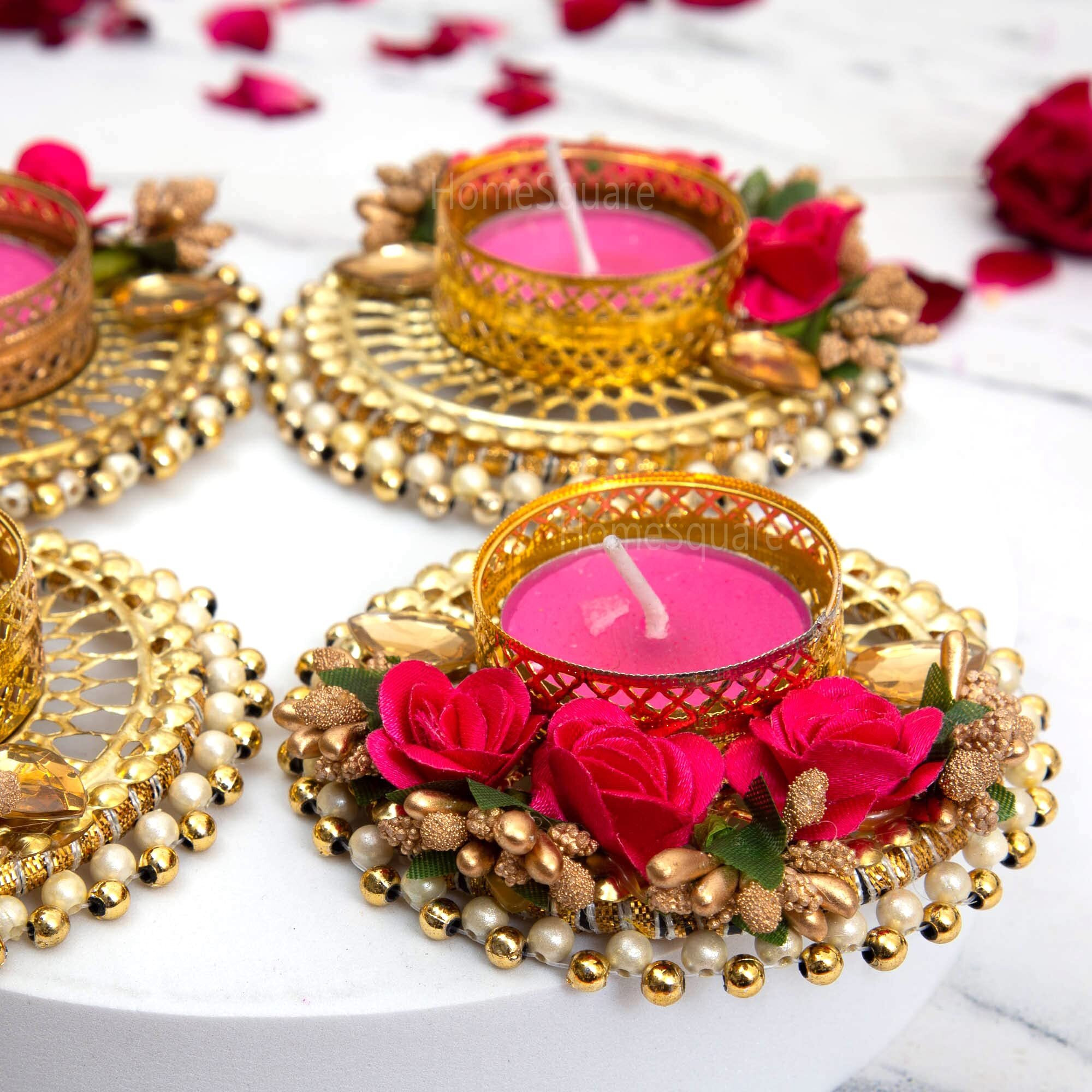 HomeSquare Tealight Holder Decorative Diwali Diya with Artificial Flowers & Tealights (Pack of 6)