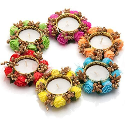 HomeSquare Metal Tealight Holder Diya with Artificial Flowers - Set of 6
