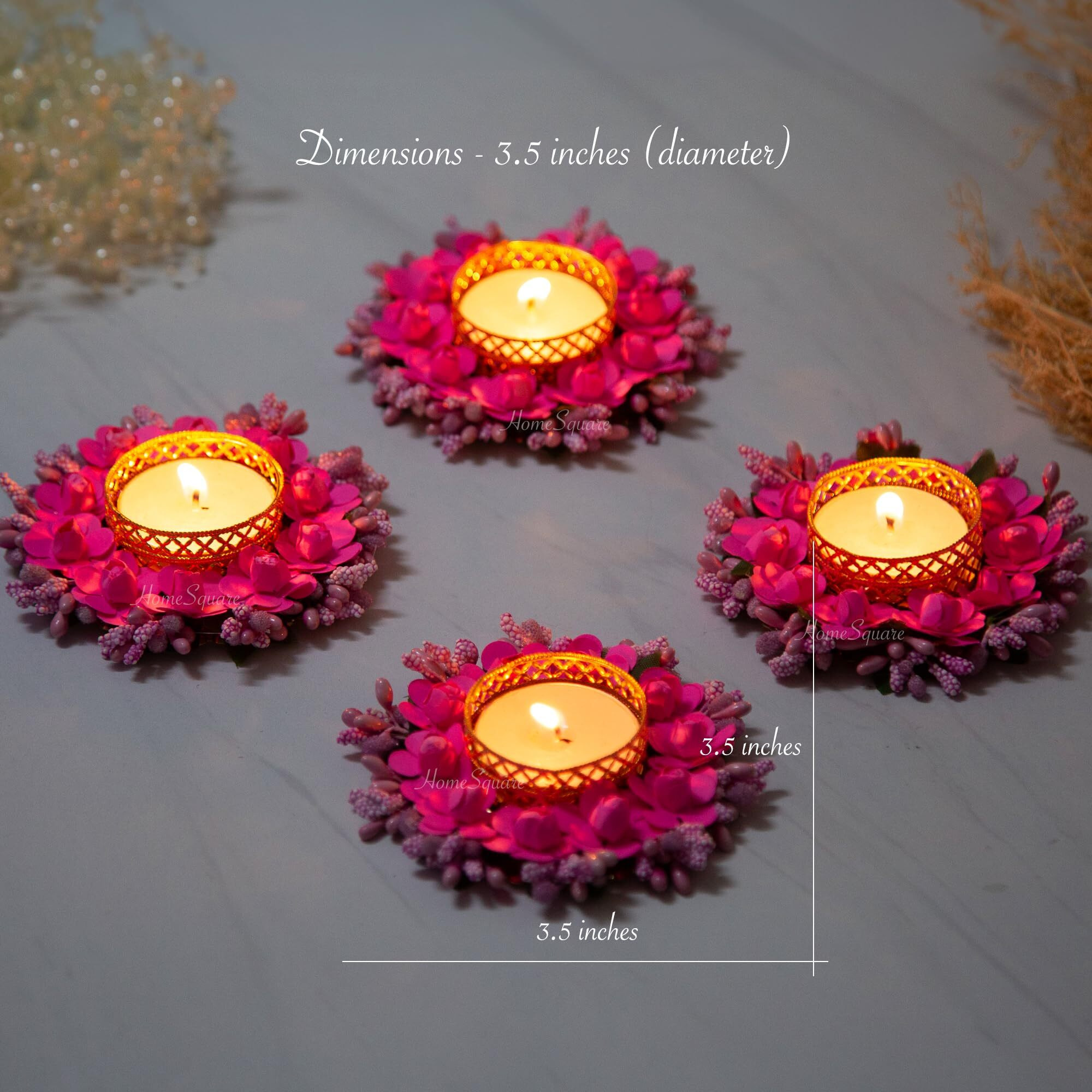 HomeSquare Tealight Holder Diwali Diya with Artificial Flowers and Tea Lights - Set of 4 (Pink)