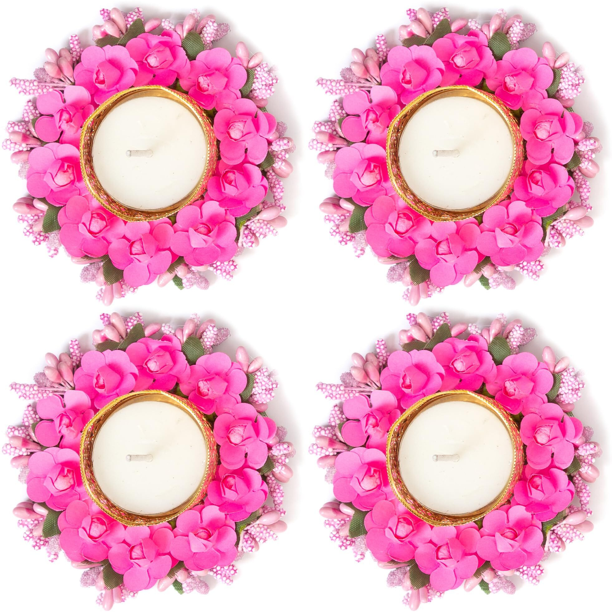 HomeSquare Tealight Holder Diwali Diya with Artificial Flowers and Tea Lights - Set of 4 (Pink)