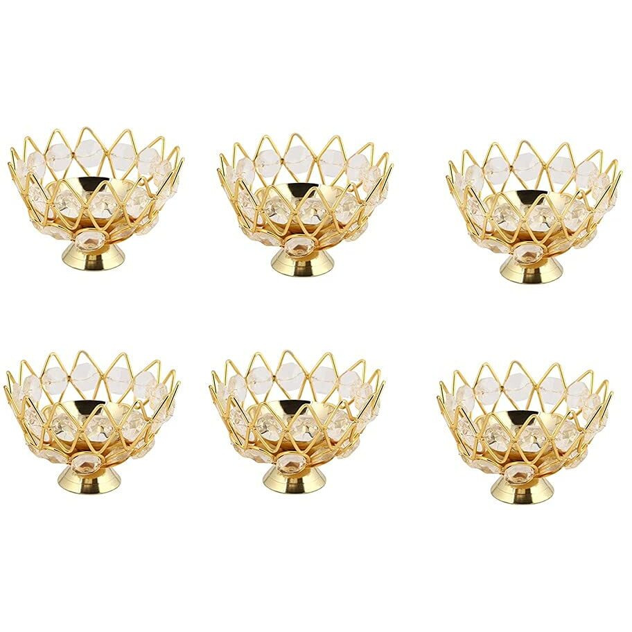Decorative India Decor Metal Crystal Lotus Shape Golden Color Brass Diya or Pital Jyoti Diya or Pooja Deepak or Table Diaa - Unique Design, Home Decorative Oil Lamp for Puja Set of 6