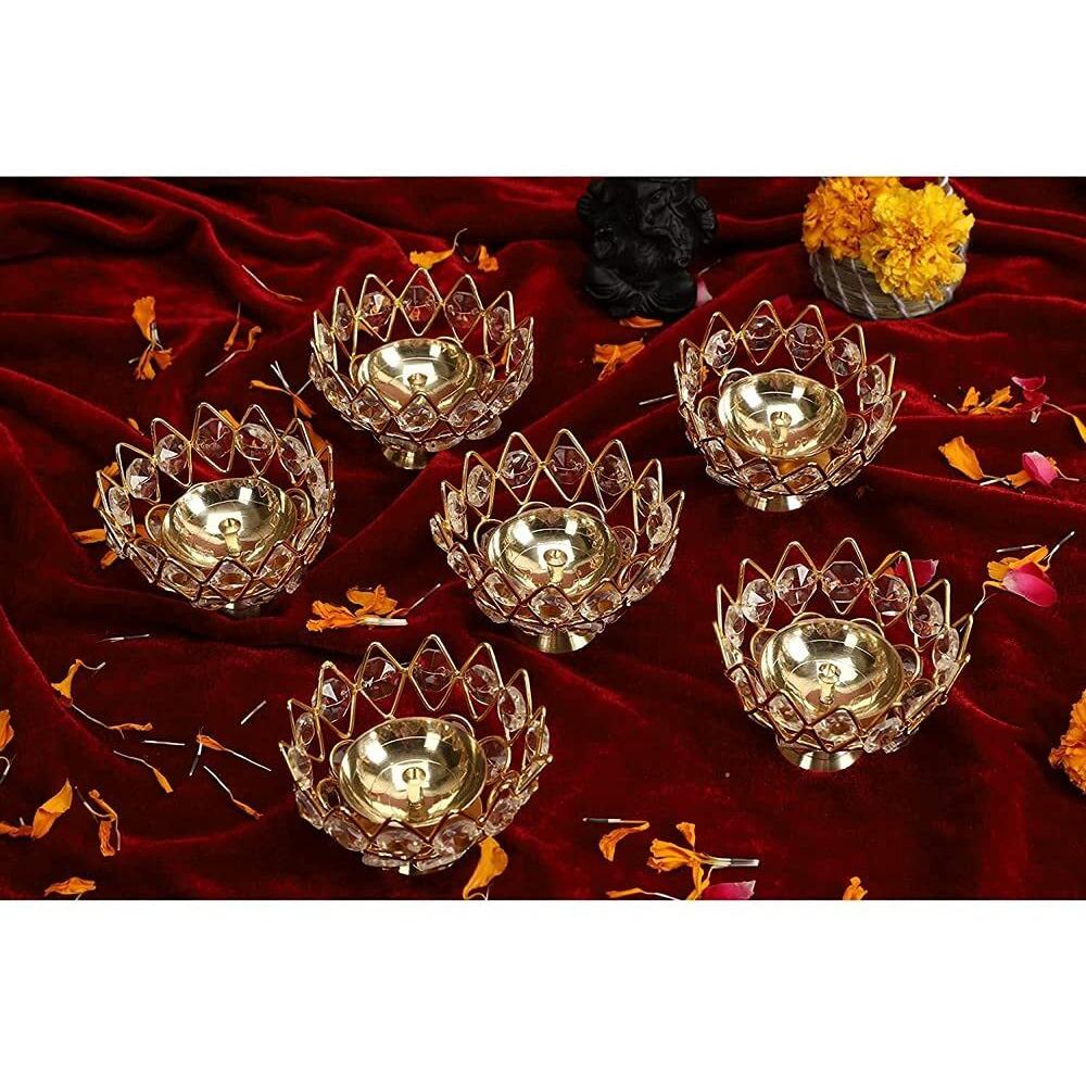 Decorative India Decor Metal Crystal Lotus Shape Golden Color Brass Diya or Pital Jyoti Diya or Pooja Deepak or Table Diaa - Unique Design, Home Decorative Oil Lamp for Puja Set of 6