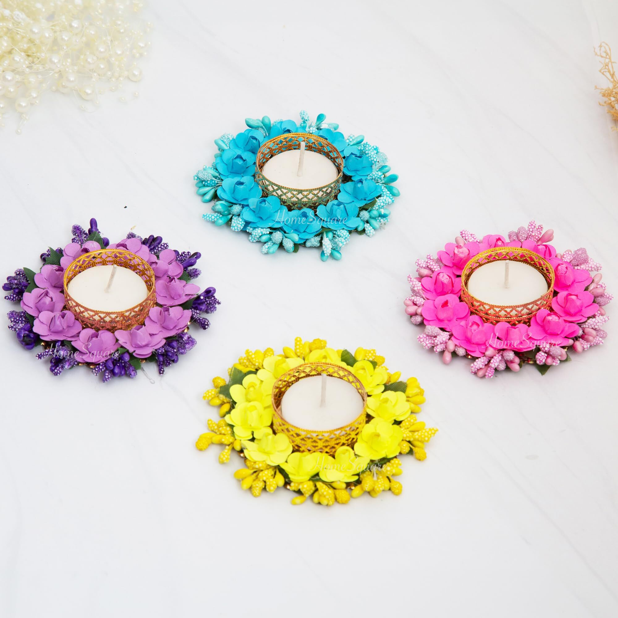HomeSquare Tealight Holder Diwali Diya with Artificial Flowers and Tea Lights - Set of 4 (Multi)