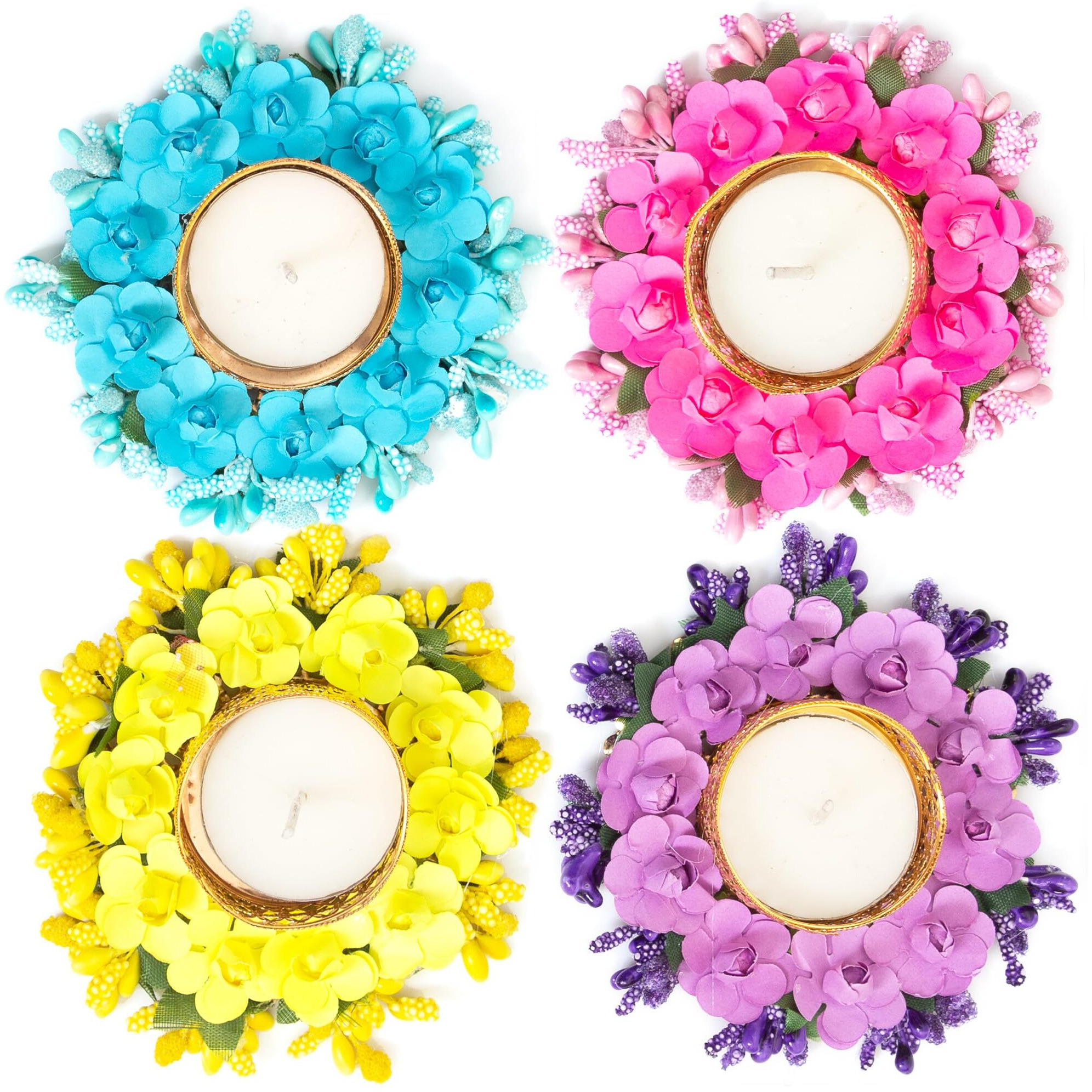 HomeSquare Tealight Holder Diwali Diya with Artificial Flowers and Tea Lights - Set of 4 (Multi)