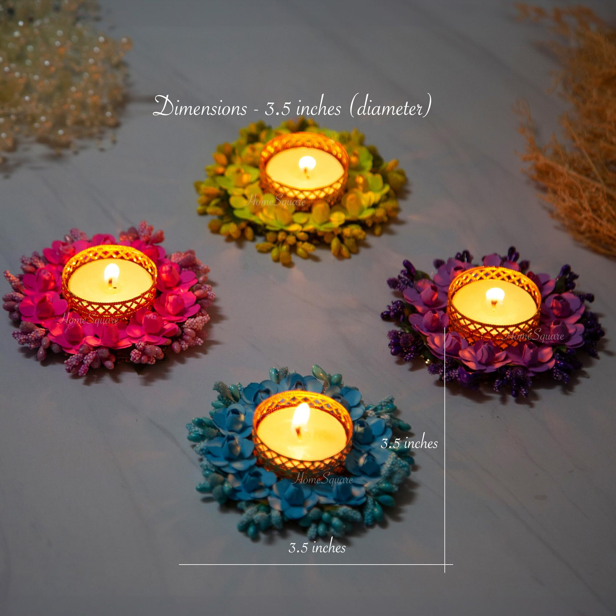 HomeSquare Tealight Holder Diwali Diya with Artificial Flowers and Tea Lights - Set of 4 (Multi)