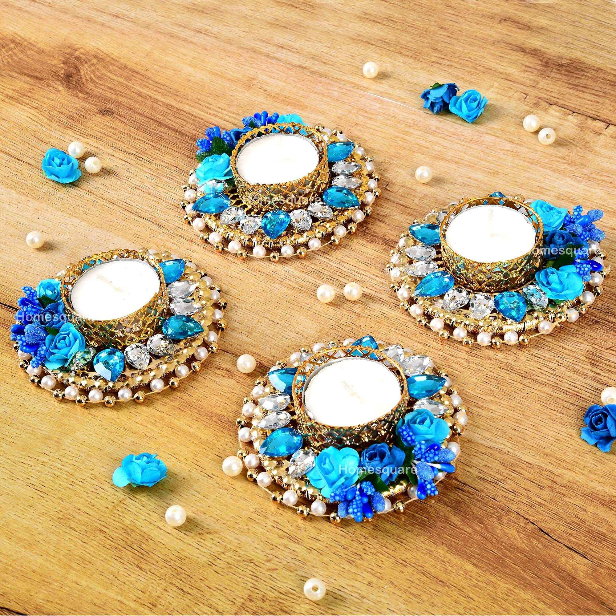 HomeSquare Blue Crystals Tealight Holder Diwali Diya with Artificial Stones - Set of 4 Floating Diya