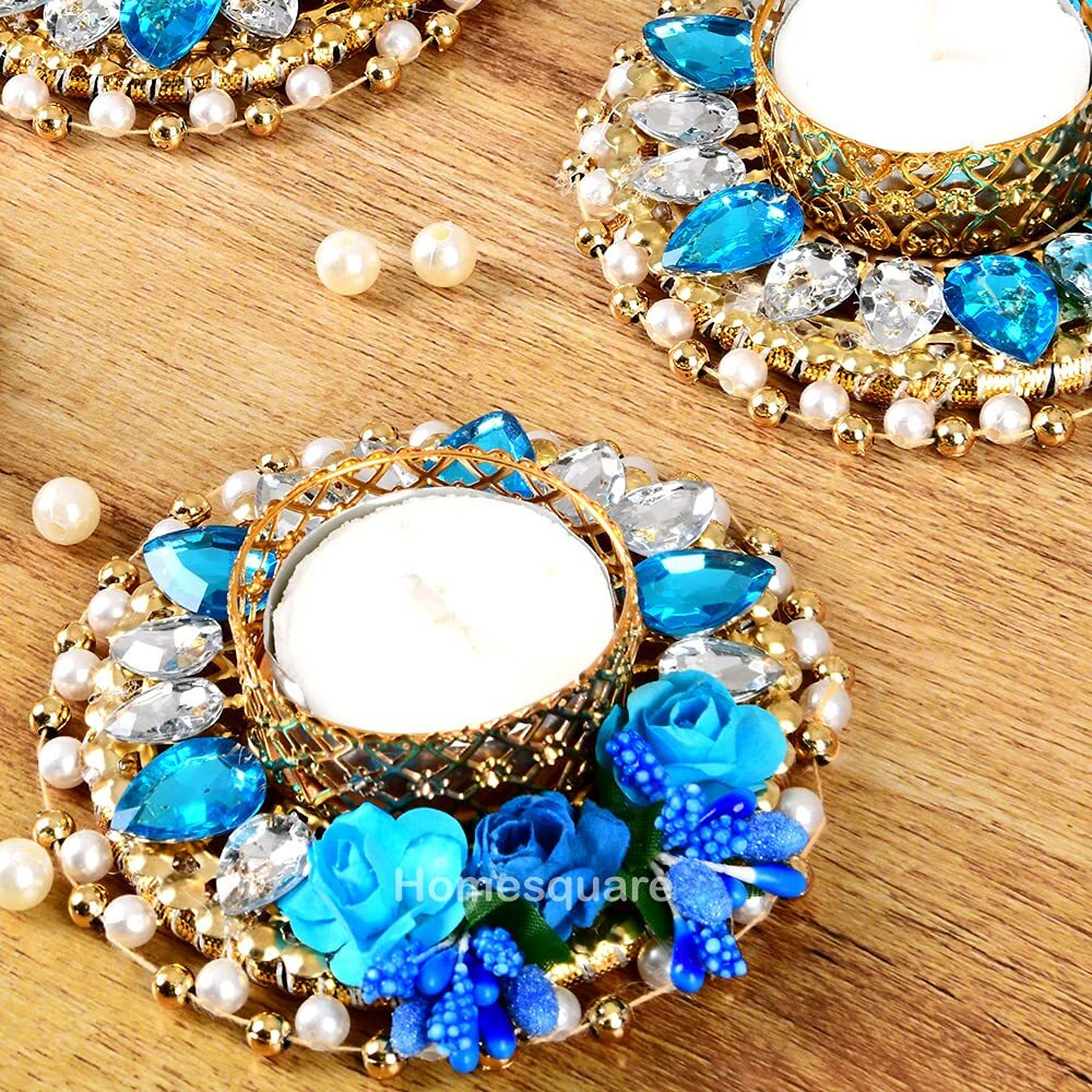 HomeSquare Blue Crystals Tealight Holder Diwali Diya with Artificial Stones - Set of 4 Floating Diya