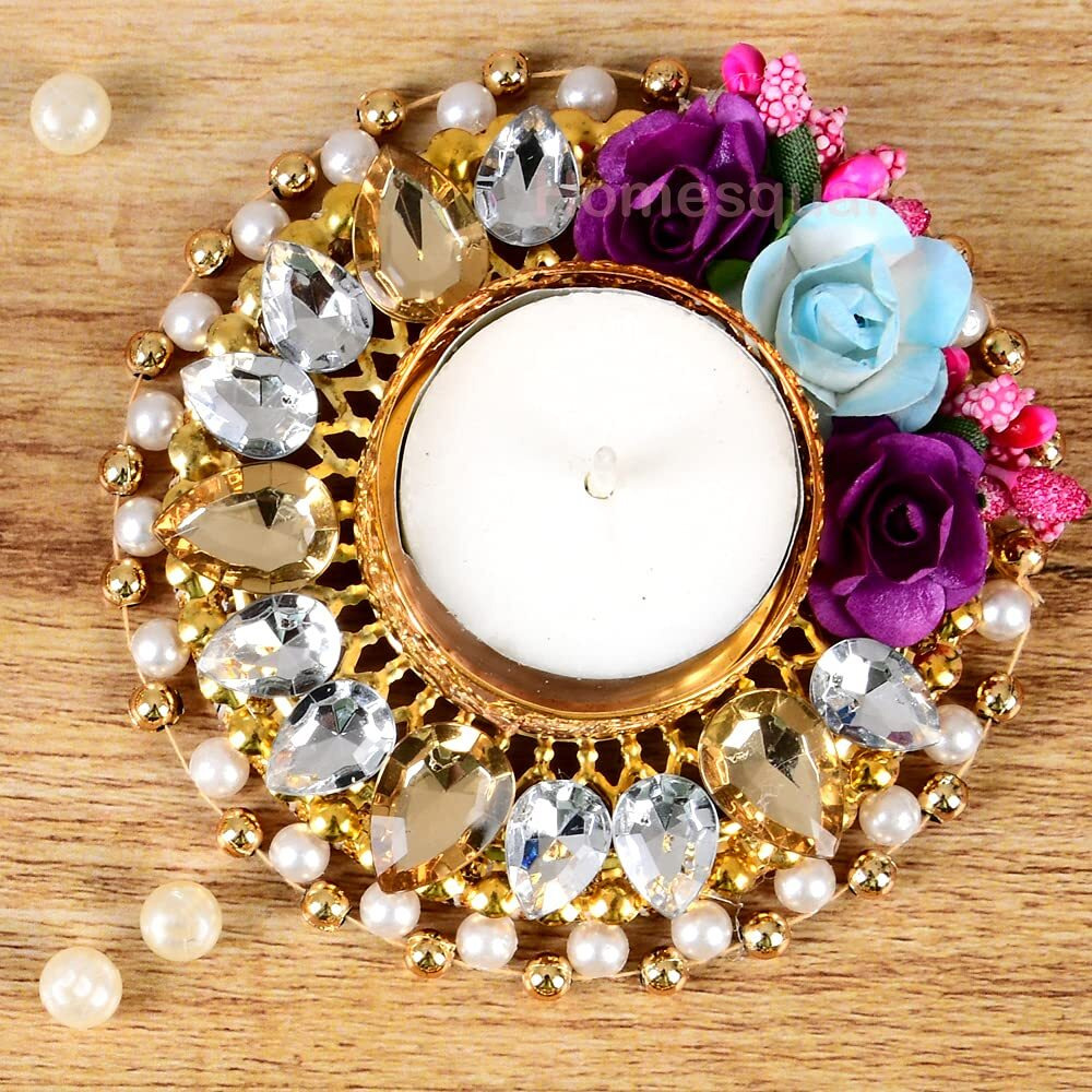 HomeSquare Tealight Holder Diwali Diya with Artificial Flowers & Tea Lights (Sky Blue Crystal Set of 2)