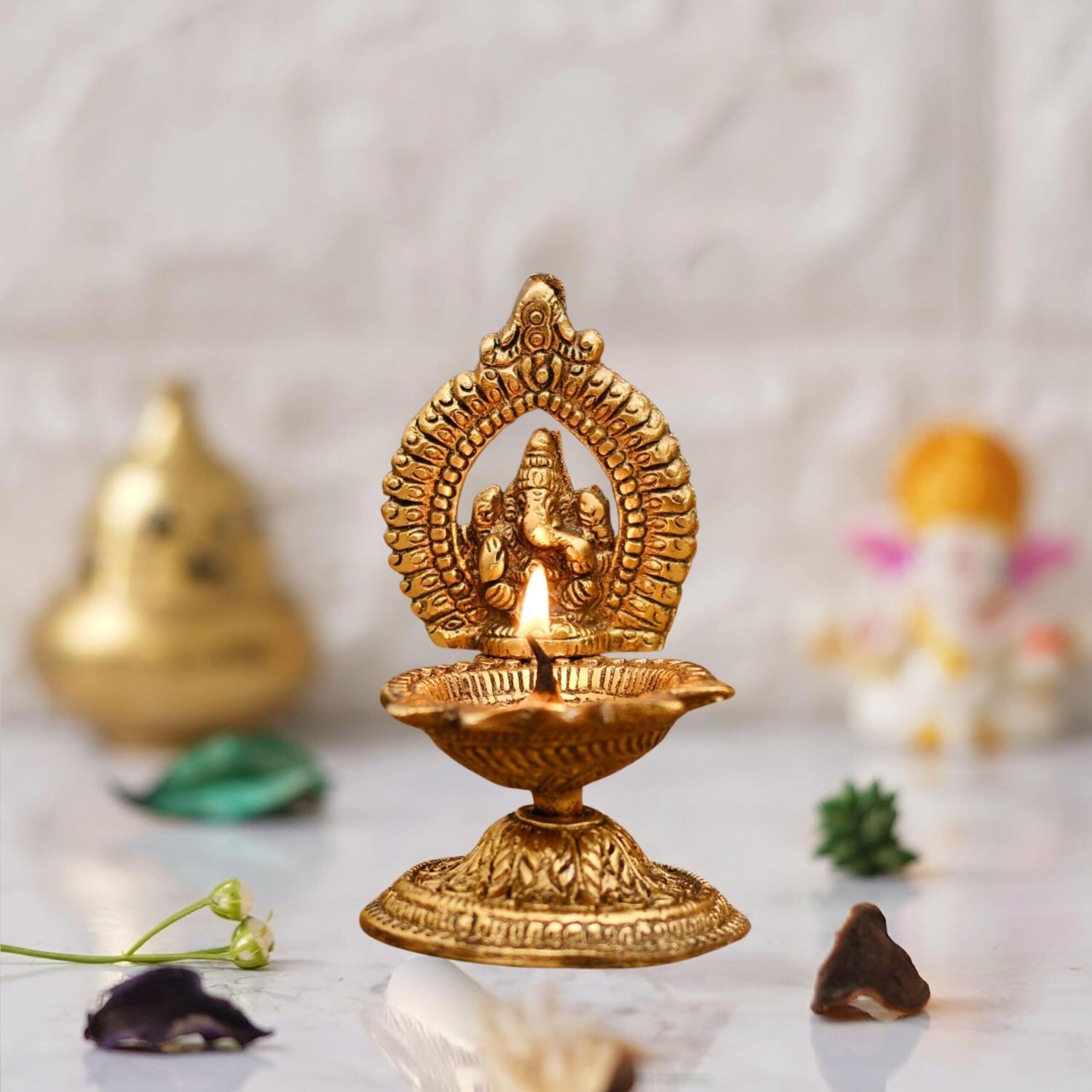 Chhariya Crafts Ganesha Diya for Home and Office Temple Metal Table Diya for Pooja Room Temple Gift Item (Height 4.5 inch)