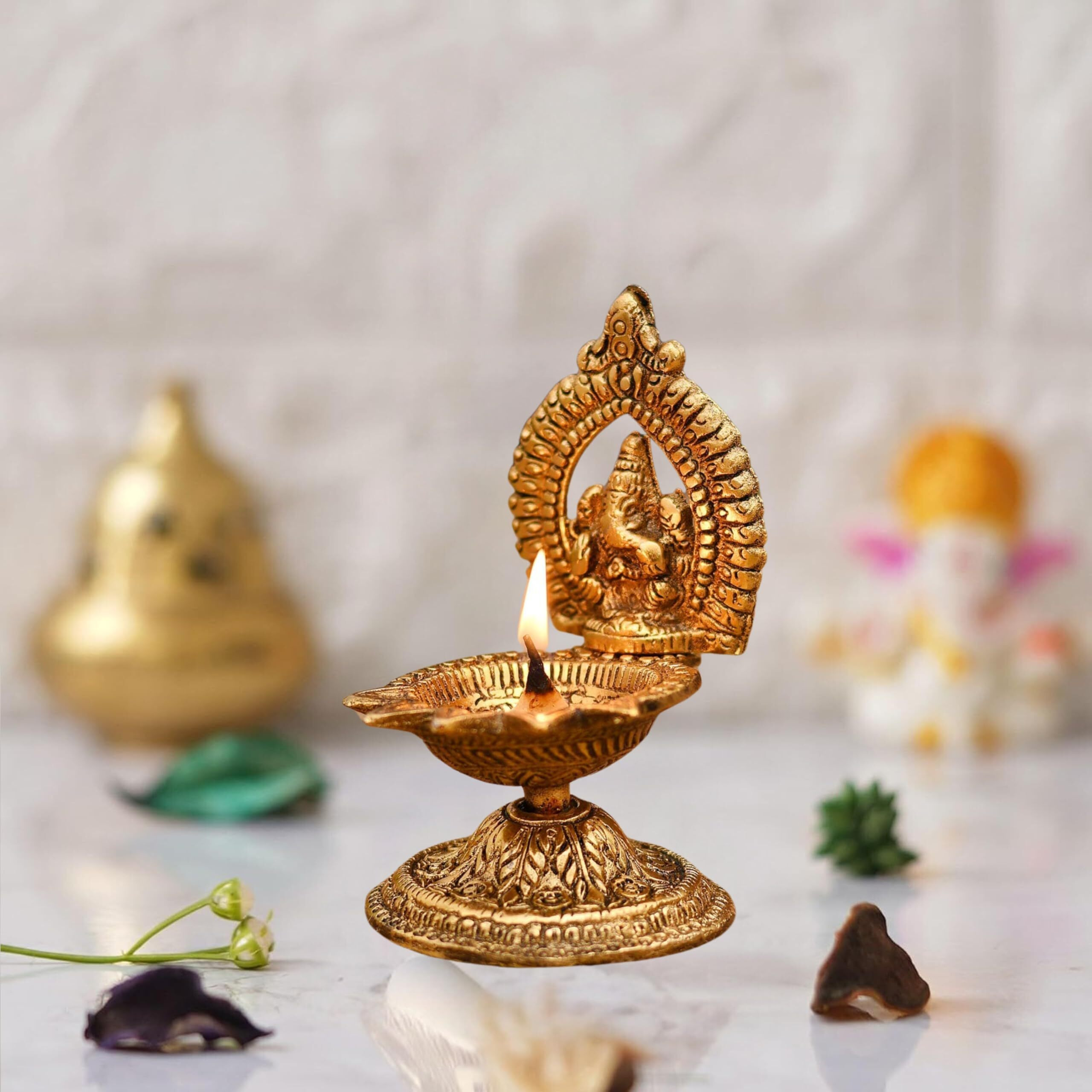Chhariya Crafts Ganesha Diya for Home and Office Temple Metal Table Diya for Pooja Room Temple Gift Item (Height 4.5 inch)
