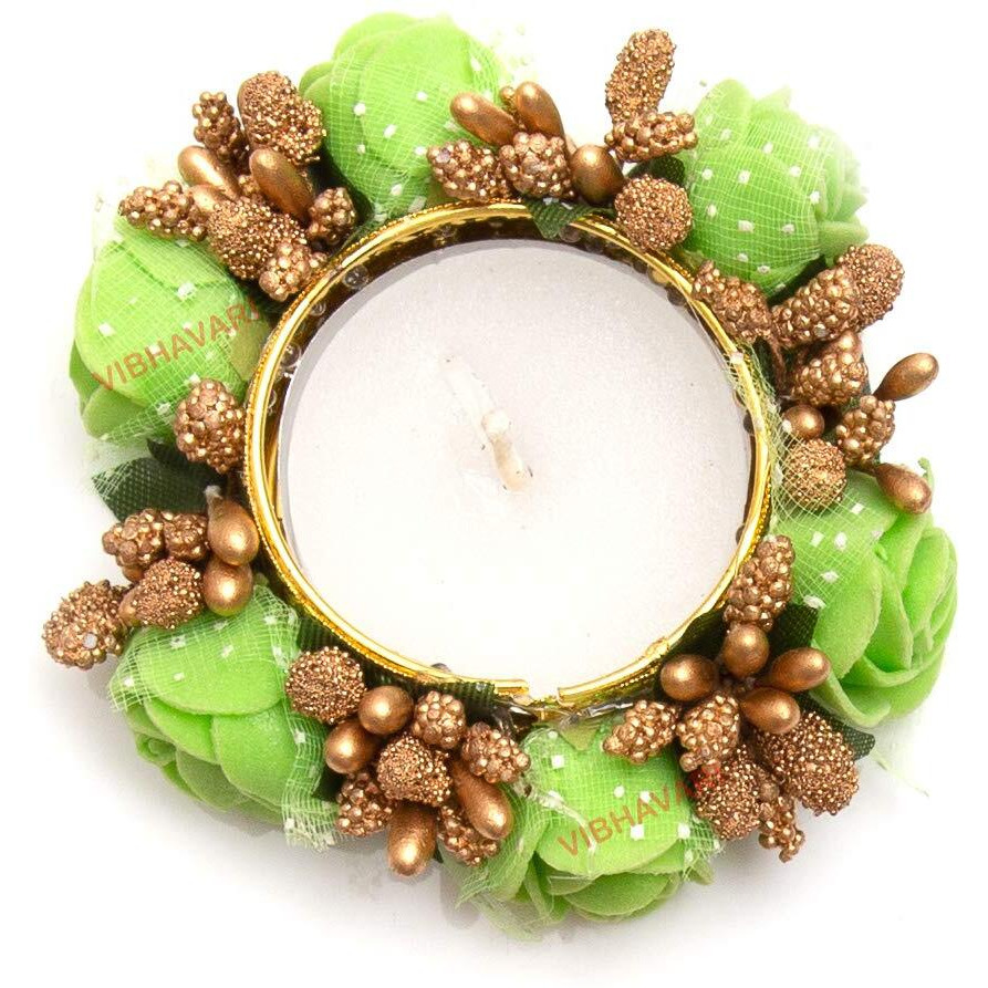 HomeSquare Alloy Tealight Holder Diya with Artificial Flowers - Set of 10 ,Alloy