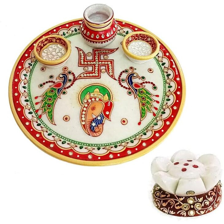 Handicraft Kingdom Marble Puja Thali for Laddu Gopal Pooja Room Decoration with 2 Diya,1 Lota & 1 Agarbatti Stand | Rajasthani Hand Painted Multicolour Home Decor Items Size 9 Wt 700-800Gm