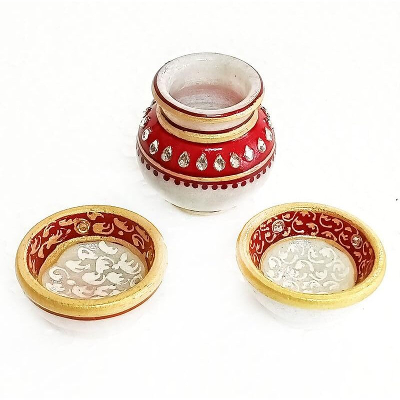 Handicraft Kingdom Marble Puja Thali for Laddu Gopal Pooja Room Decoration with 2 Diya,1 Lota & 1 Agarbatti Stand | Rajasthani Hand Painted Multicolour Home Decor Items Size 9 Wt 700-800Gm