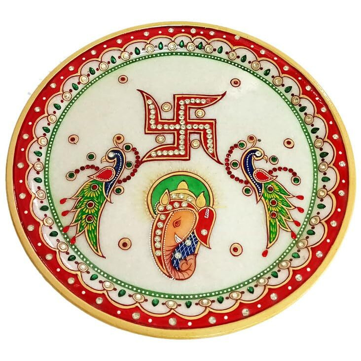 Handicraft Kingdom Marble Puja Thali for Laddu Gopal Pooja Room Decoration with 2 Diya,1 Lota & 1 Agarbatti Stand | Rajasthani Hand Painted Multicolour Home Decor Items Size 9 Wt 700-800Gm