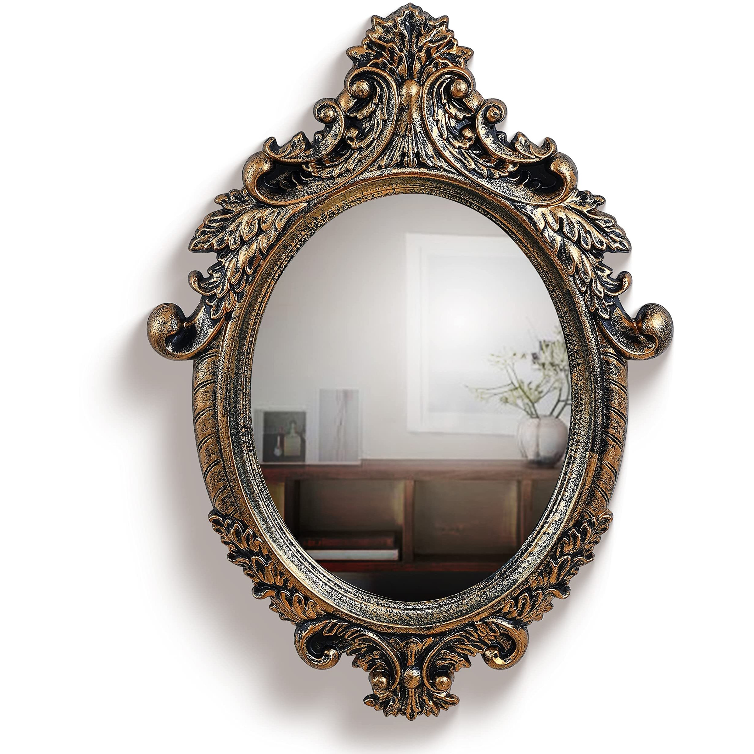 ABOUT SPACE Antique Wall Mirror - Ornate Elliptical Design with Compressed Wooden Frame Vintage Wall Mount Mirror Makeup Elegant Hanging Glass Living Room Bedroom Bathroom Basin Home Decor (64x46 cm)