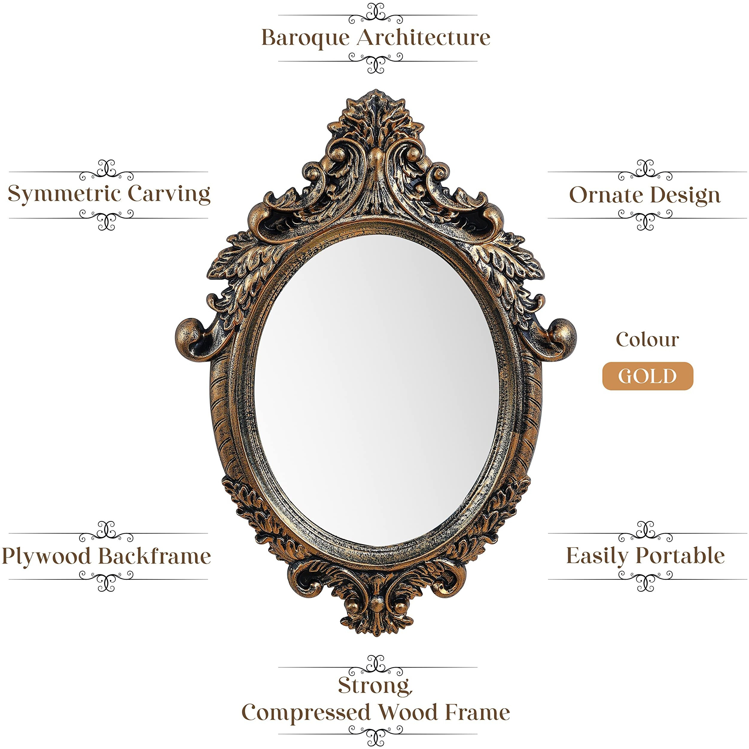 ABOUT SPACE Antique Wall Mirror - Ornate Elliptical Design with Compressed Wooden Frame Vintage Wall Mount Mirror Makeup Elegant Hanging Glass Living Room Bedroom Bathroom Basin Home Decor (64x46 cm)